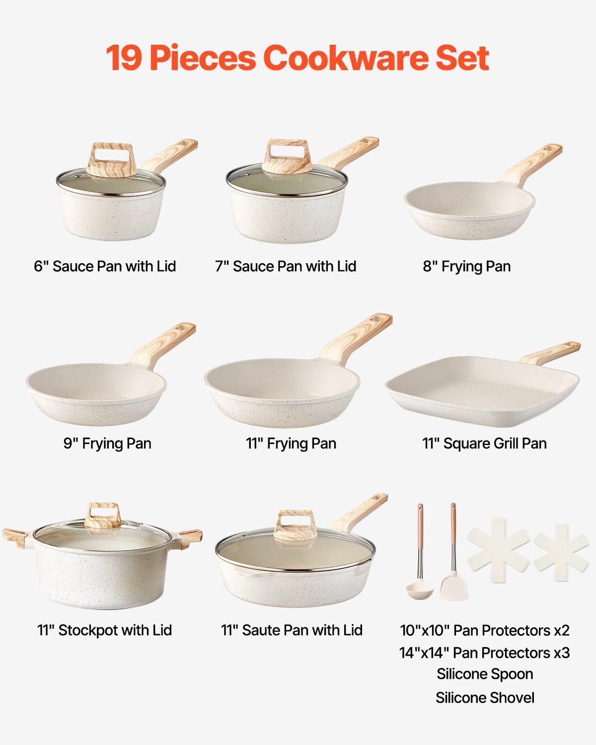 19 Piece Pots and Pans Set Nonstick, Granite Cookware Set, Induction Cookwares, Kitchen RV Cooking Sets with Frying, Sauce, Saute, Tempered Glass Lids, and Pan Protectors, White - Image 2