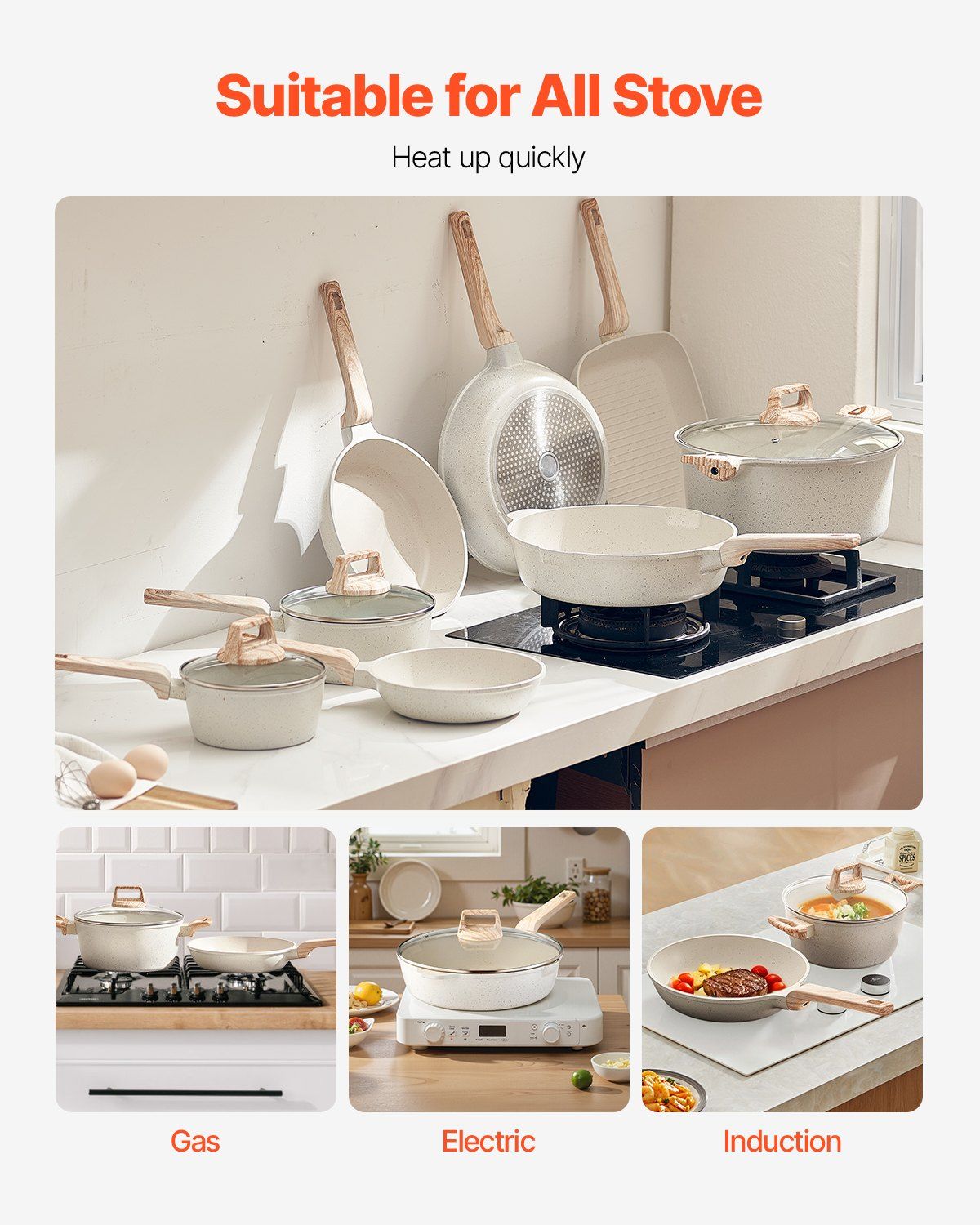 19 Piece Pots and Pans Set Nonstick, Granite Cookware Set, Induction Cookwares, Kitchen RV Cooking Sets with Frying, Sauce, Saute, Tempered Glass Lids, and Pan Protectors, White - Image 6