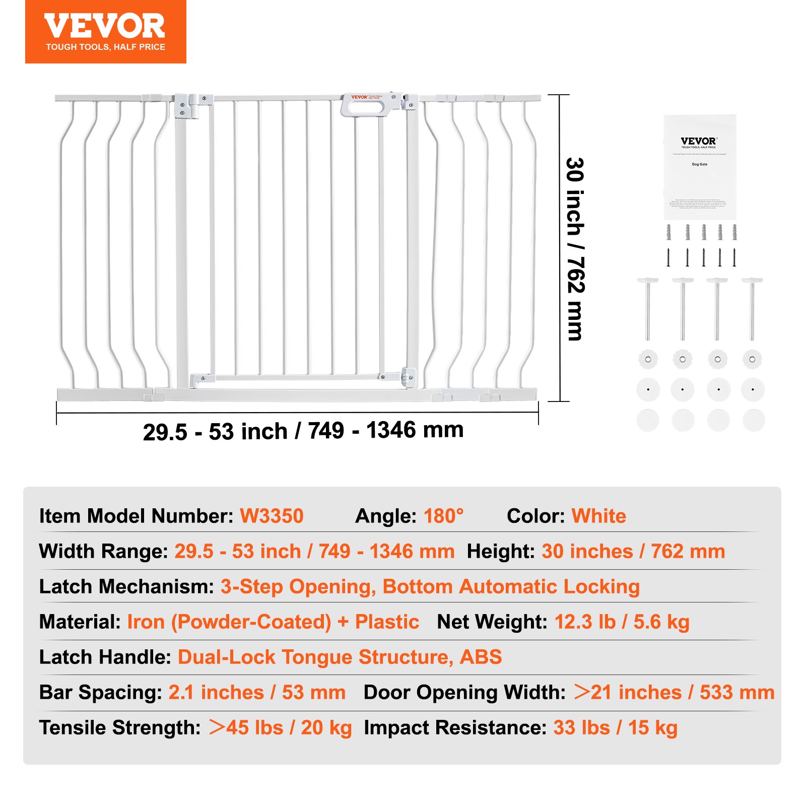 Baby Gate, 749-1346 mm Extra Wide, 762 mm High, Dog Gate for Stairs Doorways and House, Easy Step Walk Thru Auto Close Child Gate Pet Security Gate with Pressure Mount and Wall Mount Kit, White - Image 7
