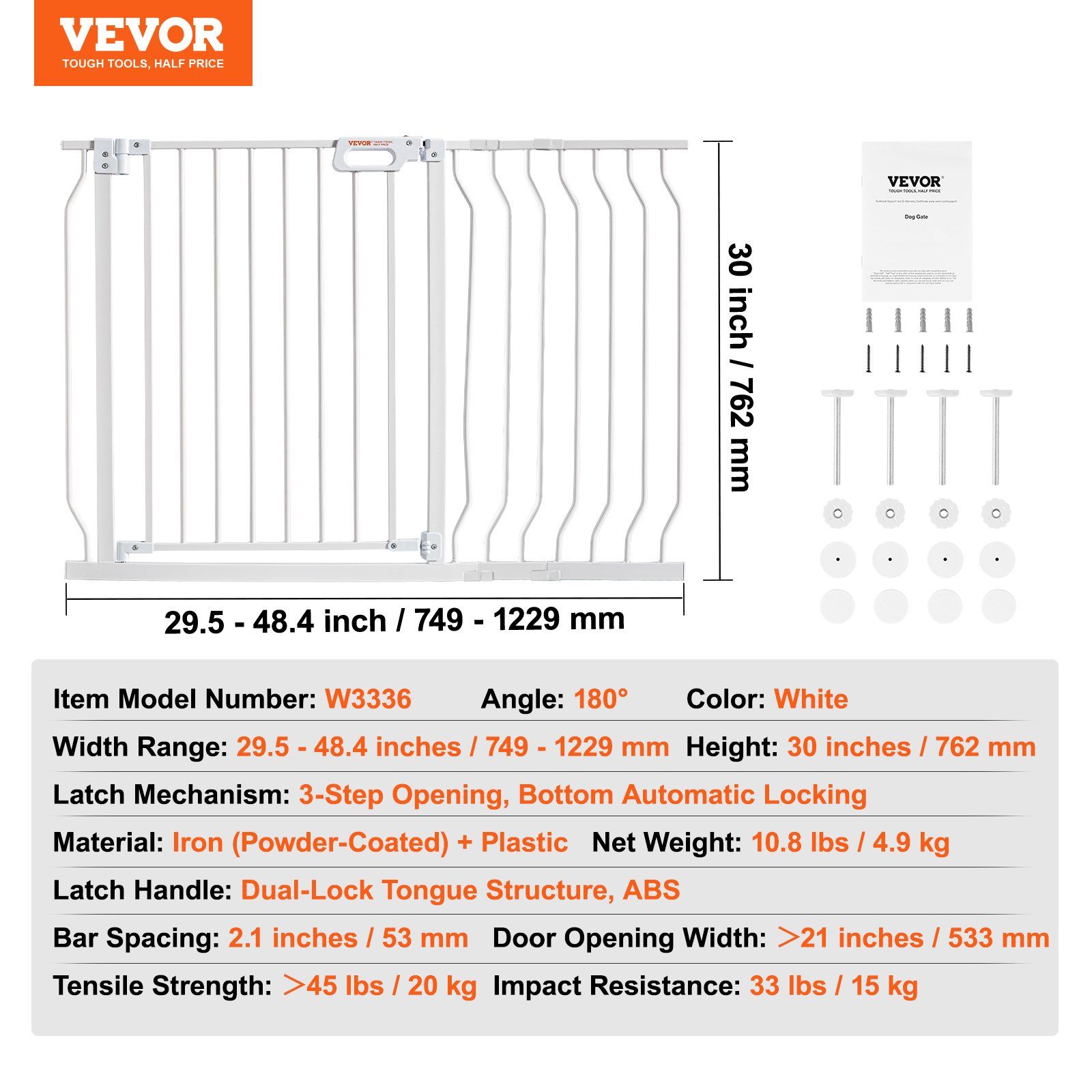 Baby Gate, 749-1229 mm Extra Wide, 762 mm High, Dog Gate for Stairs Doorways and House, Easy Step Walk Thru Auto Close Child Gate Pet Security Gate with Pressure Mount and Wall Mount Kit, White - Image 7