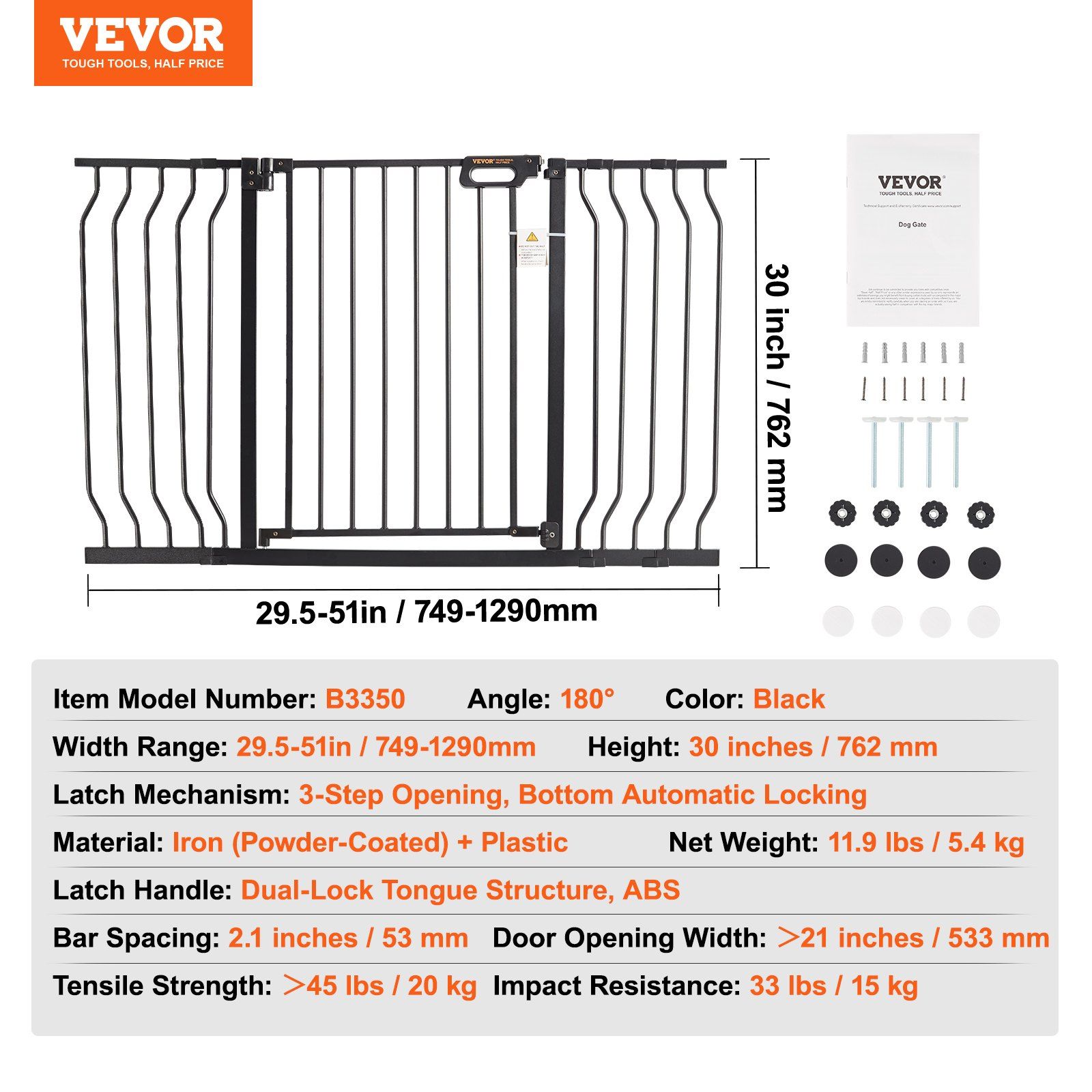 Baby Gate, 749-1346 mm Extra Wide, 762 mm High, Dog Gate for Stairs Doorways and House, Easy Step Walk Thru Auto Close Child Gate Pet Security Gate with Pressure Mount and Wall Mount Kit, Black - Image 7