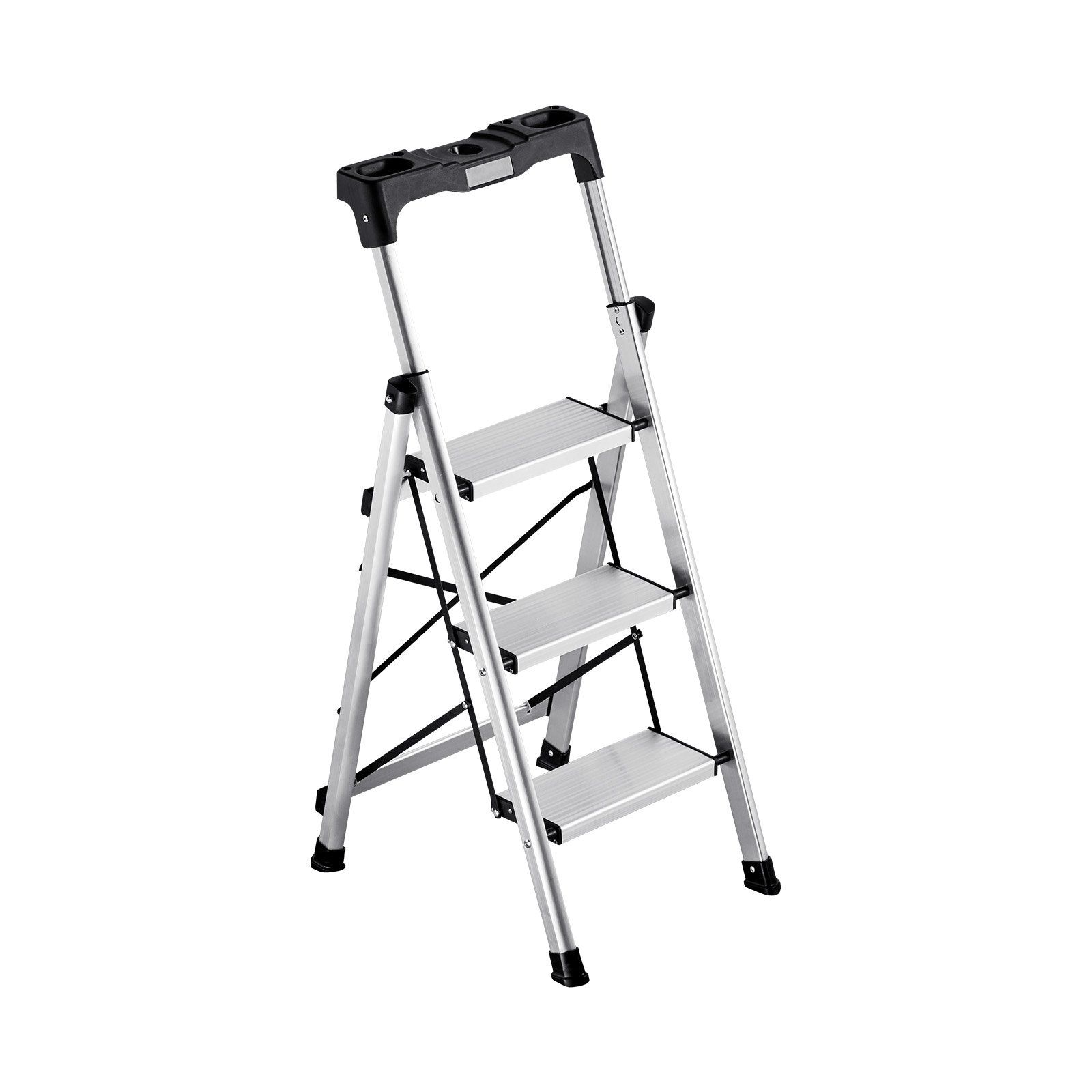 3 Step Ladder, Folding Step Stool with Wide Anti-Slip Pedal and Comfort Handgrip, 150 kg Capacity Portable Aluminum Stepladder, Multi-Use for Kitchen, Warehouse, Household and Office, Silver - Image 1