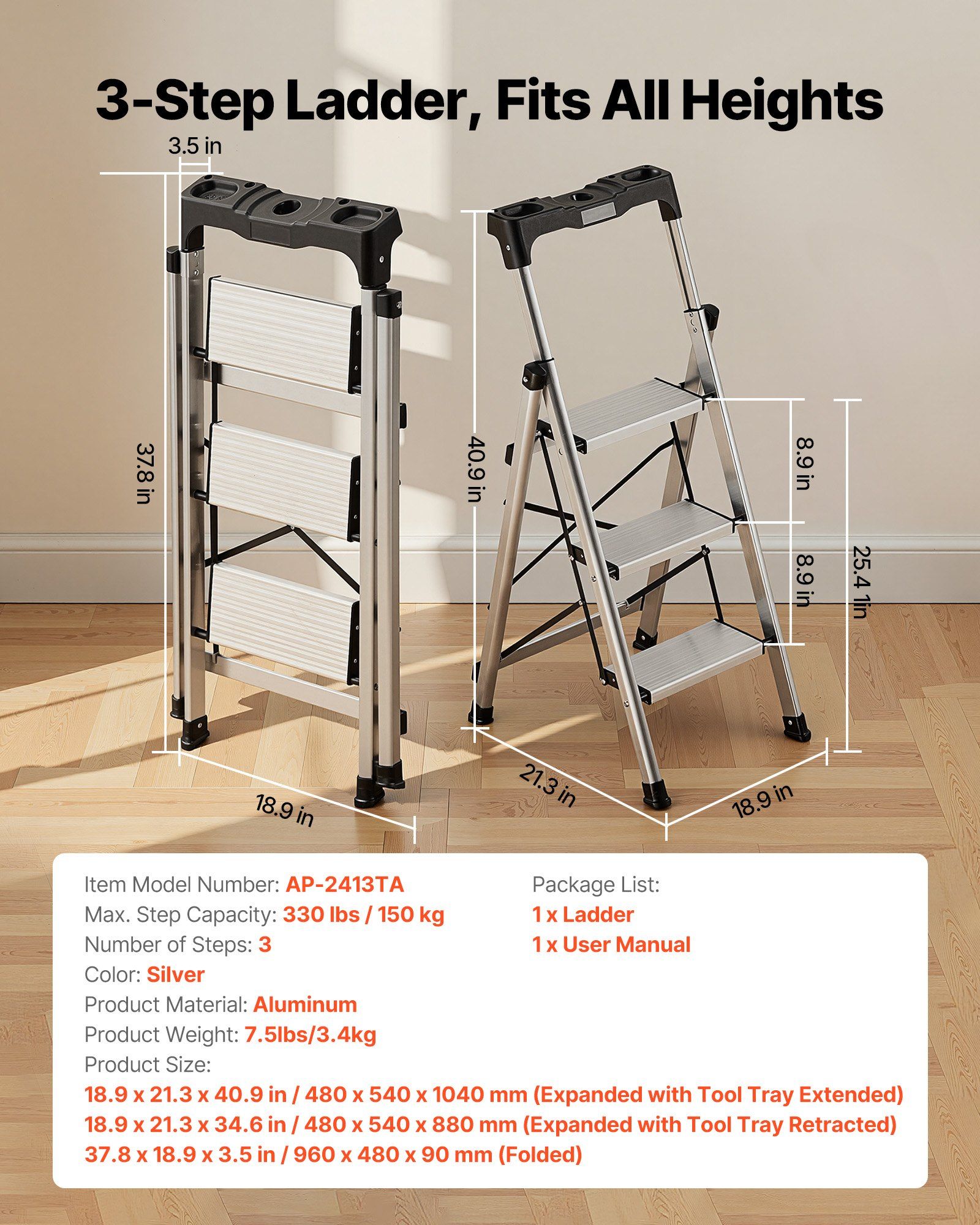 3 Step Ladder, Folding Step Stool with Wide Anti-Slip Pedal and Comfort Handgrip, 150 kg Capacity Portable Aluminum Stepladder, Multi-Use for Kitchen, Warehouse, Household and Office, Silver - Image 2