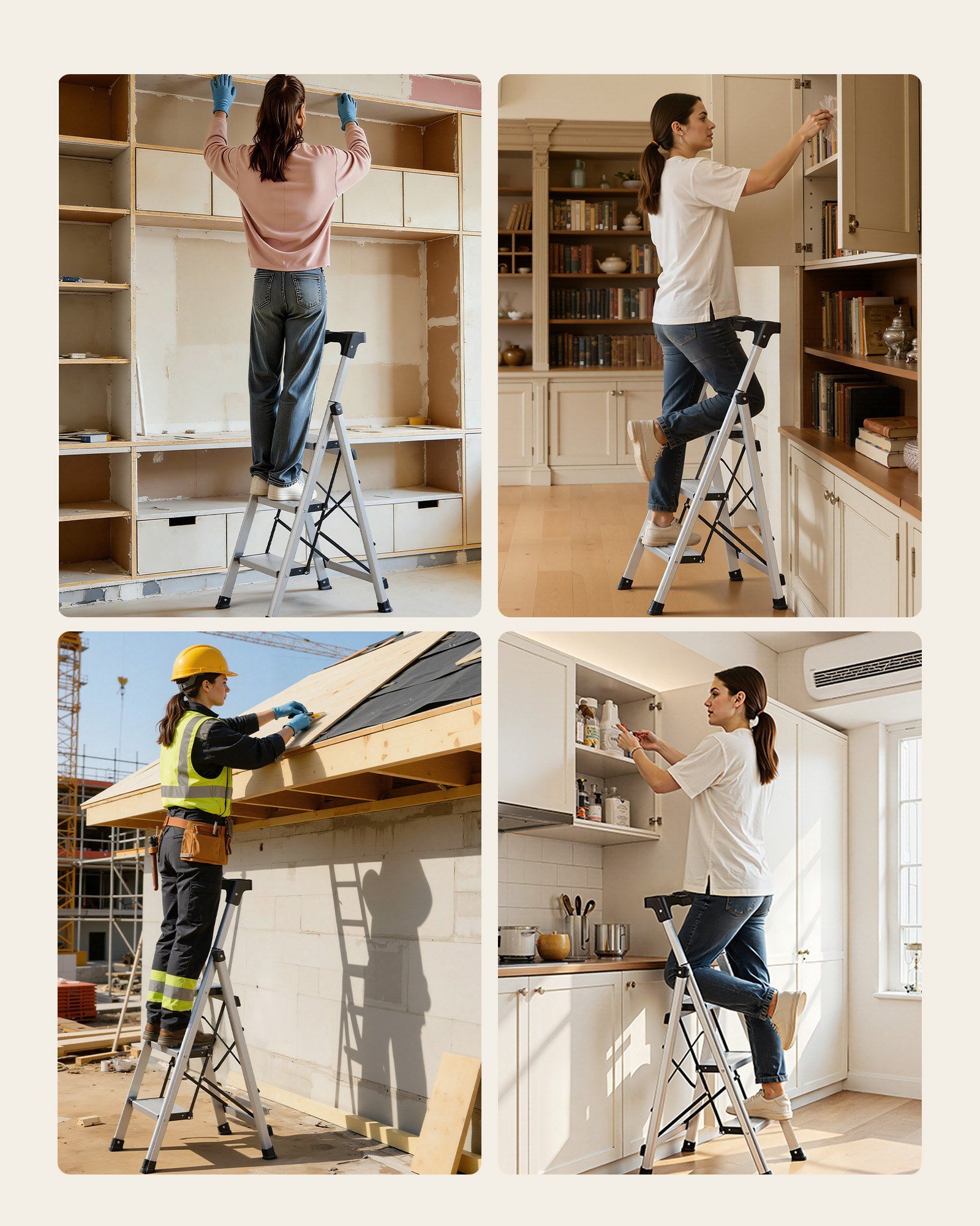 3 Step Ladder, Folding Step Stool with Wide Anti-Slip Pedal and Comfort Handgrip, 150 kg Capacity Portable Aluminum Stepladder, Multi-Use for Kitchen, Warehouse, Household and Office, Silver - Image 7