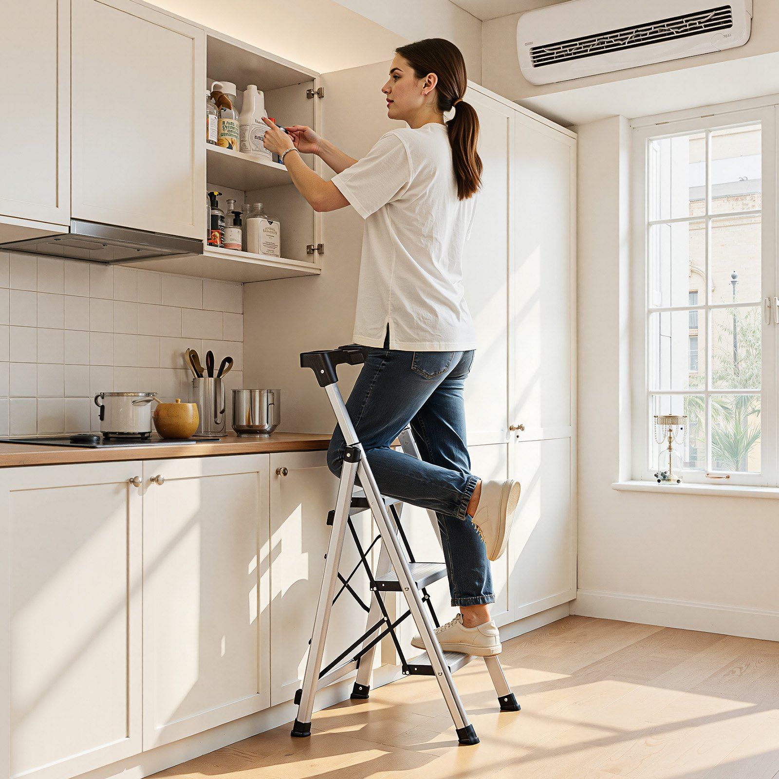 3 Step Ladder, Folding Step Stool with Wide Anti-Slip Pedal and Comfort Handgrip, 150 kg Capacity Portable Aluminum Stepladder, Multi-Use for Kitchen, Warehouse, Household and Office, Silver - Image 8