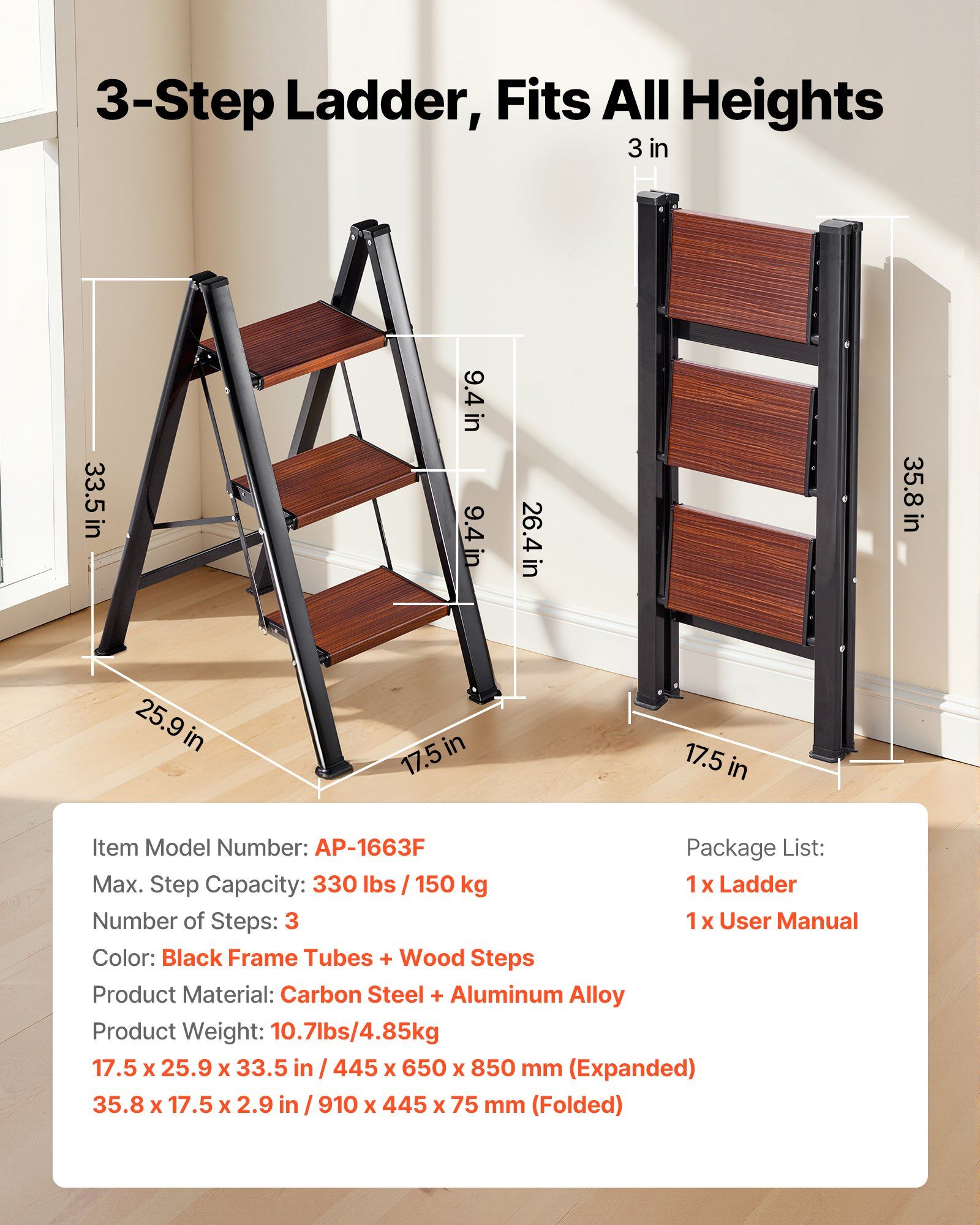 3 Step Ladder, Folding Step Stool with Wide Anti-Slip Pedal and Comfort Handgrip, Lightweight 150 kg Capacity Portable Aluminum Plant Support, Multi-Use for Adults, Home Repairing, Cleaning - Image 2