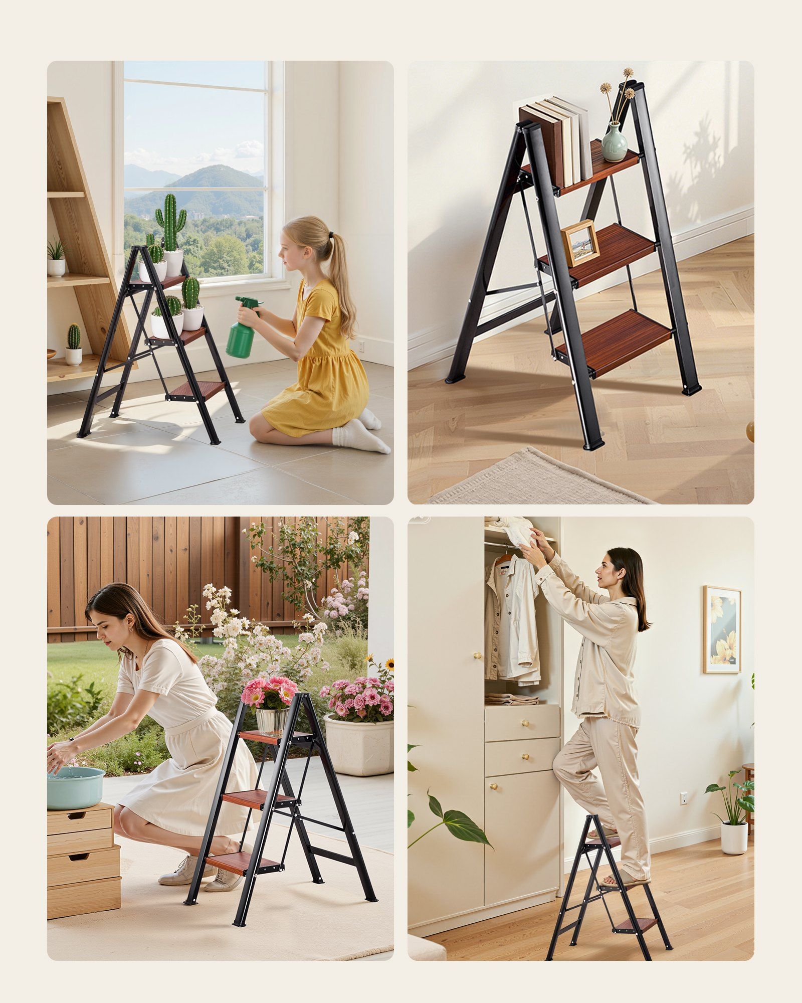3 Step Ladder, Folding Step Stool with Wide Anti-Slip Pedal and Comfort Handgrip, Lightweight 150 kg Capacity Portable Aluminum Plant Support, Multi-Use for Adults, Home Repairing, Cleaning - Image 7