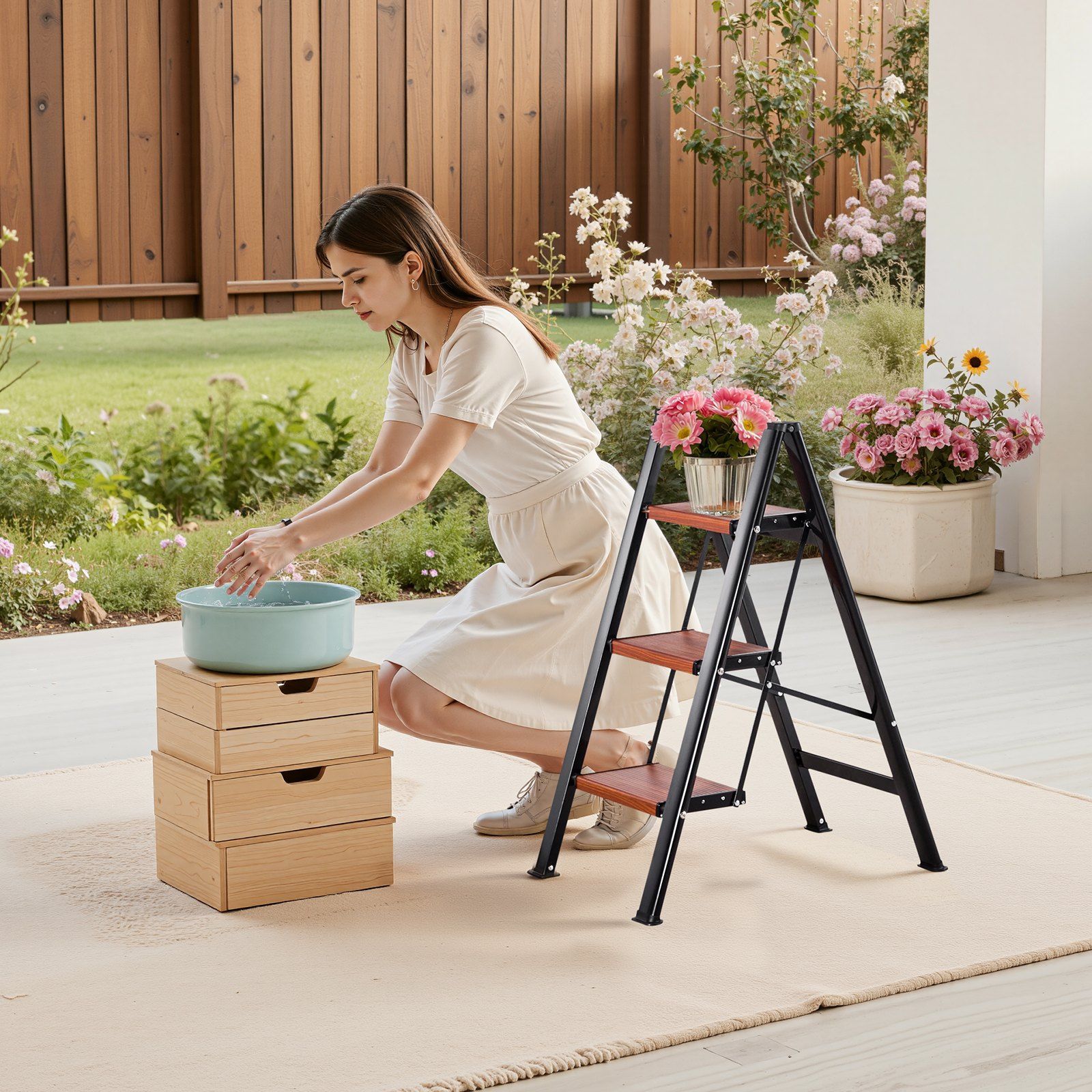 3 Step Ladder, Folding Step Stool with Wide Anti-Slip Pedal and Comfort Handgrip, Lightweight 150 kg Capacity Portable Aluminum Plant Support, Multi-Use for Adults, Home Repairing, Cleaning - Image 8