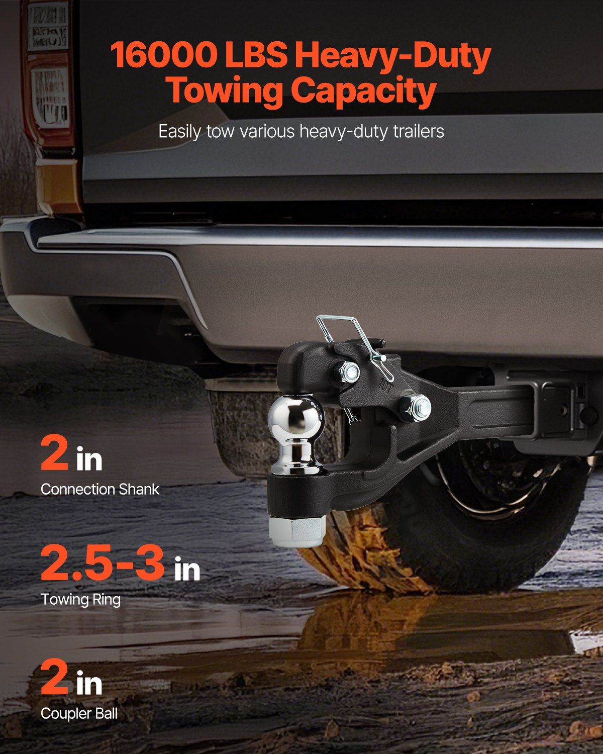 Pintle Hook, 7256 kg Capacity, Pintle Hook Hitch for 50.4 mm Hitch Hook Military Receiver, Combination 50.4 mm Hitch Ball, Fits 63.5 to 76.2 mm Lunette Ring, 397 mm Length, Black Powder Coat - Image 2