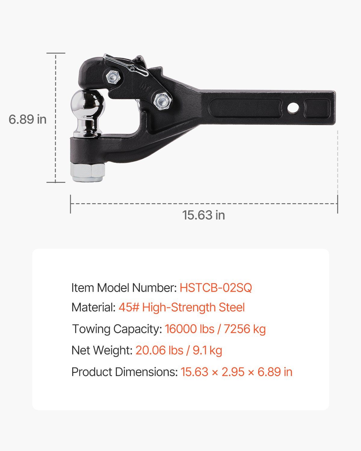 Pintle Hook, 7256 kg Capacity, Pintle Hook Hitch for 50.4 mm Hitch Hook Military Receiver, Combination 50.4 mm Hitch Ball, Fits 63.5 to 76.2 mm Lunette Ring, 397 mm Length, Black Powder Coat - Image 7