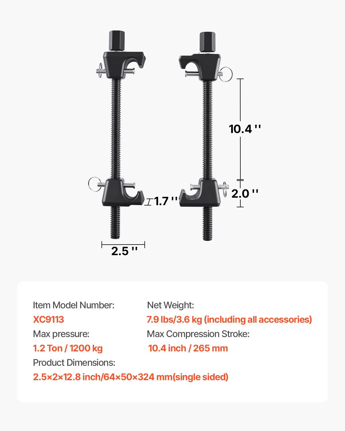 Strut Spring Compressor, 2 Pack, Heavy Duty Coil Spring Compressor Tool with 10.4 Inches(256 mm) Range, Compatible with 0.86 inches(22 mm) Hex Sockets, Fit for Car Truck Motorcycle, Black - Image 7