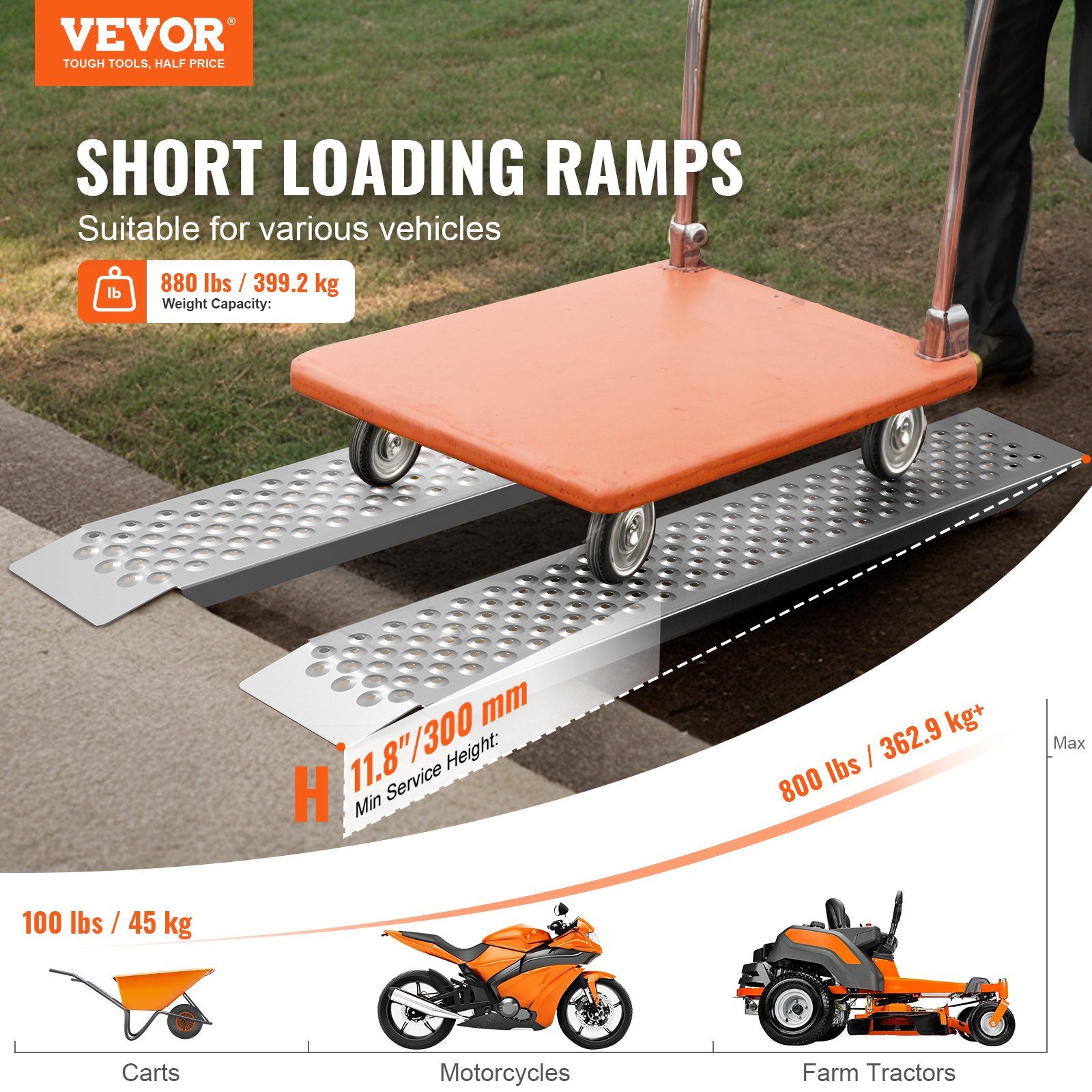 Portable Loading Ramps, 2 Pcs 1200 x 215 mm, Durable Aluminum Shed Ramp Set with Anti-Slip Holes, Compact Design and Easy Storage, 399.2 kg Weight Capacity, for ATV, Tractors, Lawn Mowers, Carts - Image 2
