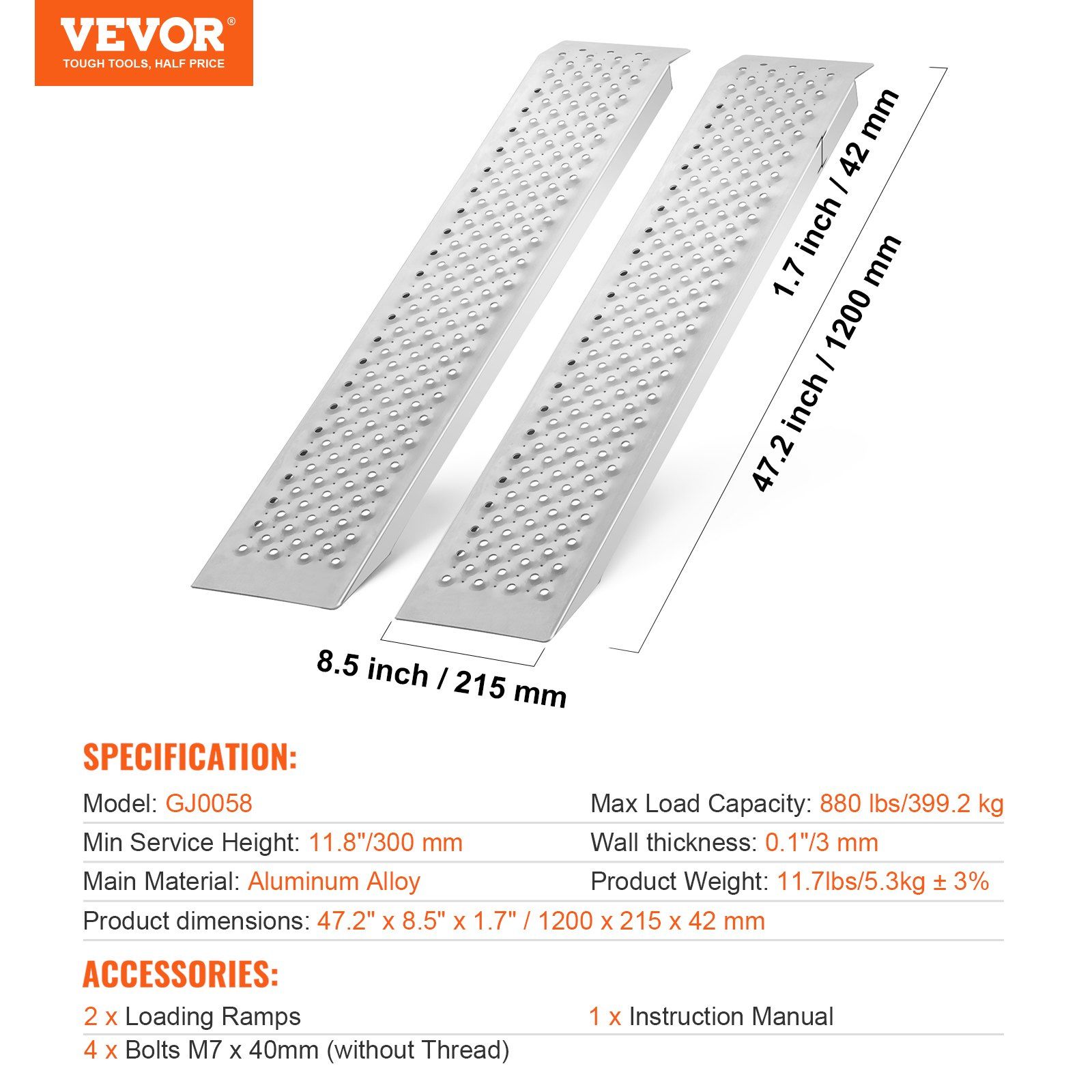 Portable Loading Ramps, 2 Pcs 1200 x 215 mm, Durable Aluminum Shed Ramp Set with Anti-Slip Holes, Compact Design and Easy Storage, 399.2 kg Weight Capacity, for ATV, Tractors, Lawn Mowers, Carts - Image 7