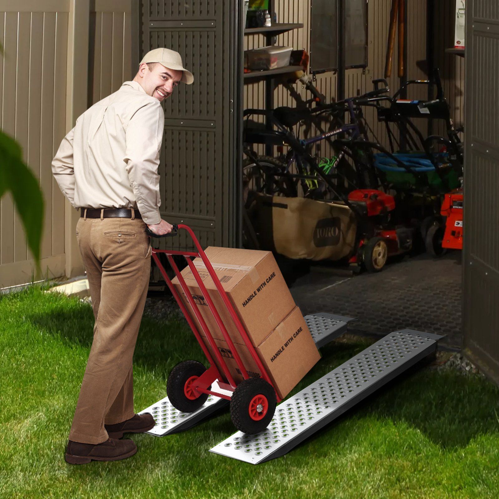 Portable Loading Ramps, 2 Pcs 1200 x 215 mm, Durable Aluminum Shed Ramp Set with Anti-Slip Holes, Compact Design and Easy Storage, 399.2 kg Weight Capacity, for ATV, Tractors, Lawn Mowers, Carts - Image 8