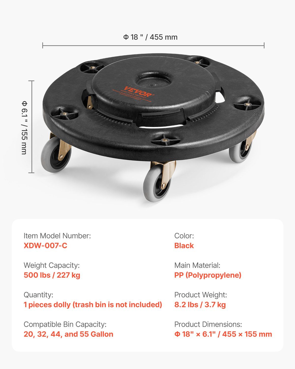 Trash Can Dolly, Fit 20, 32, 44, 55 Gallon Containers, Round Trash Can Roller Base with 4 Lockable Wheels, 500lbs Weight Capacity, Heavy Duty Barrel Dolly, Multi-Functional Rolling Dolly Cart - Image 7