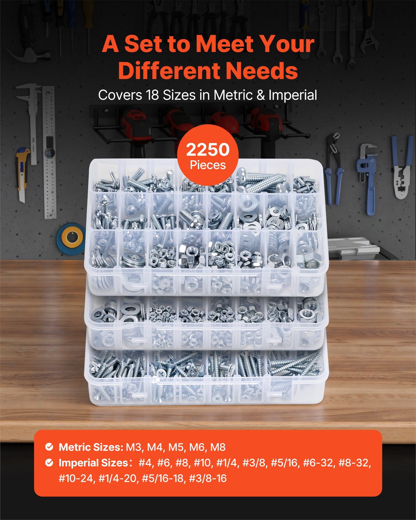 2250 Pcs Bolts and Nuts Assortment Kit, Metric + Imperial Machine Screws and Flat Washers, Alloy Steel M3/M4/M5/M6/M8 Multiple Size, for Equipment/Vehicle Assembly,Galvanized White - Image 2