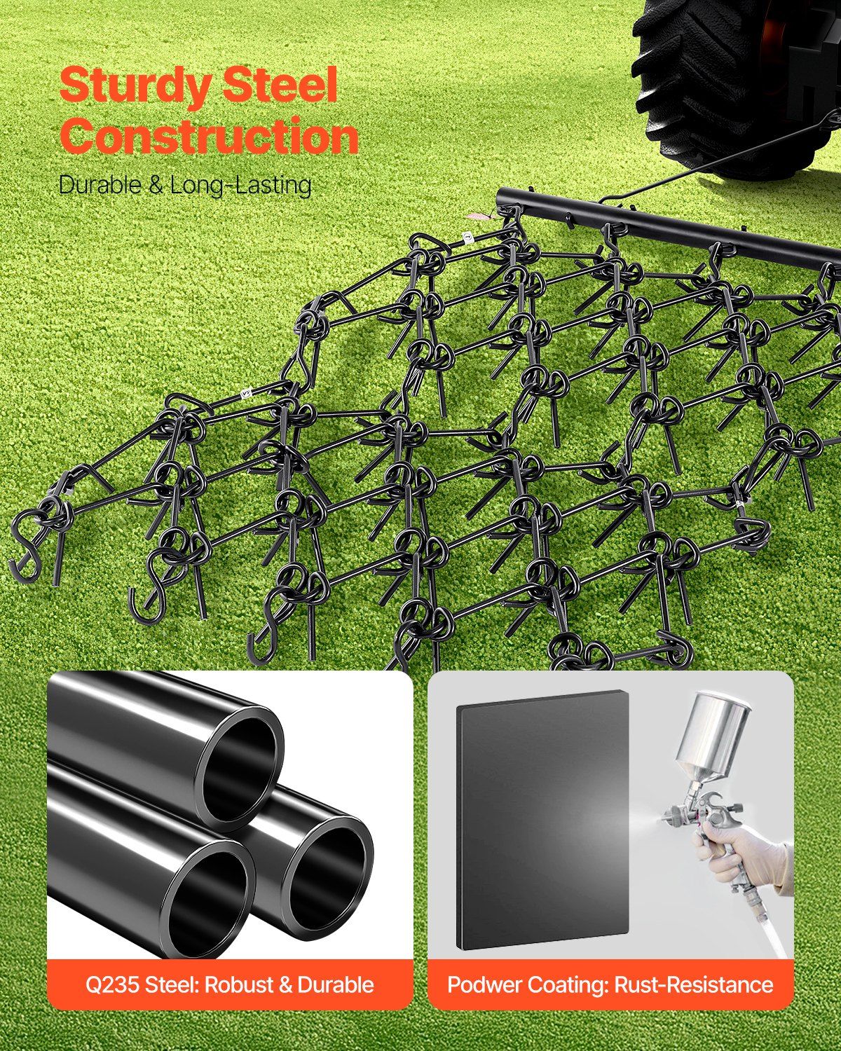 Drag Harrow, 1.2x1.2 m Durable Chain Harrow with 69 Sharp Teeth, Suitable for ATV UTV Tractor, Ideal for Soil Preparation, Seeding, Smoothing Landscapes, and Yard Gravel Driveway Maintenance - Image 2