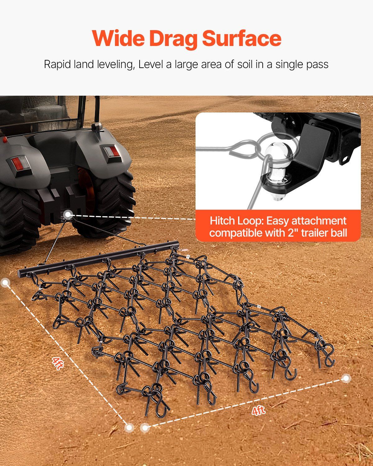 Drag Harrow, 1.2x1.2 m Durable Chain Harrow with 69 Sharp Teeth, Suitable for ATV UTV Tractor, Ideal for Soil Preparation, Seeding, Smoothing Landscapes, and Yard Gravel Driveway Maintenance - Image 4