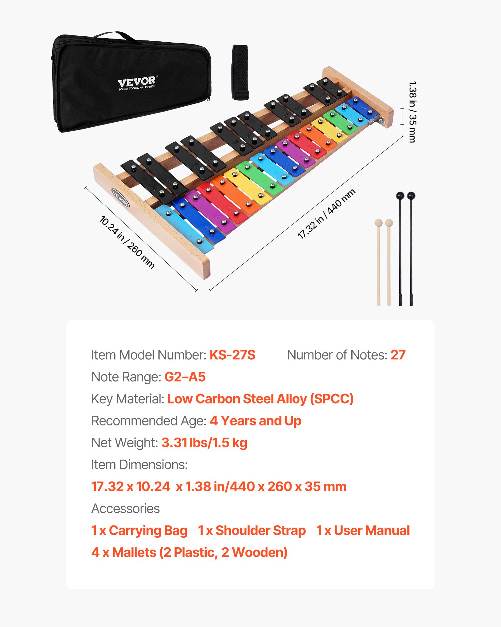 Glockenspiel Xylophone, 27 Notes, Professional Xylophone Percussion Instrument, with Colorful Metal Keys, Includes 4 Mallets, Carrying Bag, Beginner Musical Instrument Kit for Adults and Kids - Image 7