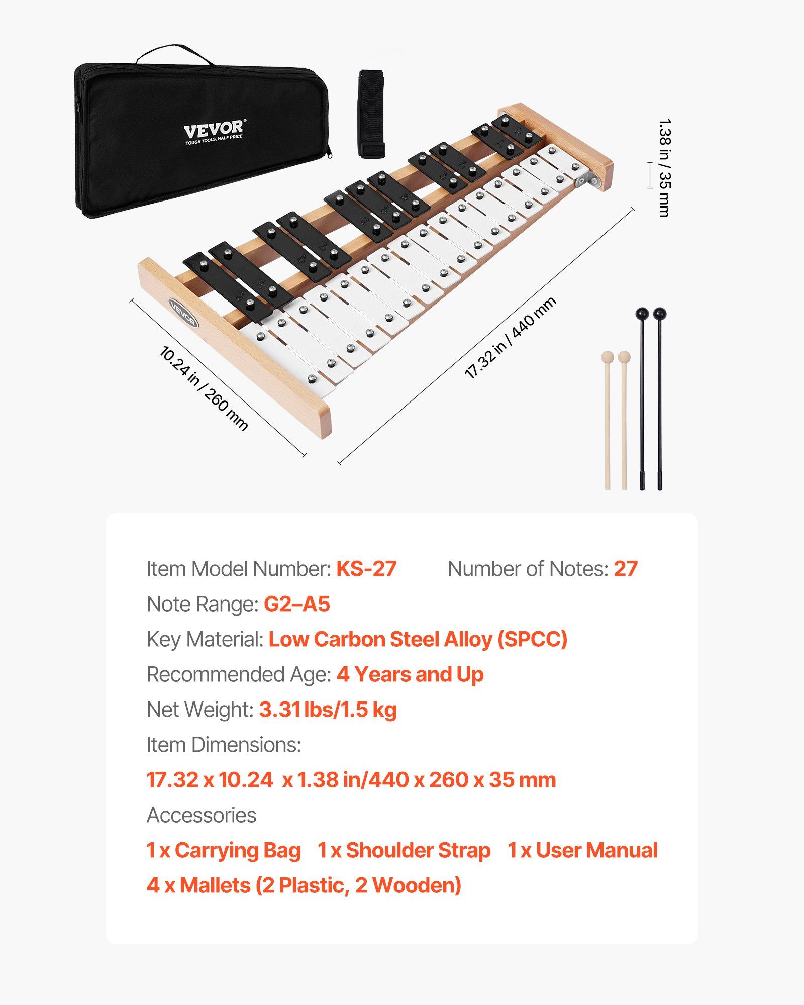 Glockenspiel Xylophone, 27 Notes, Professional Xylophone Percussion Instrument, with Metal Keys, Includes 4 Mallets, Carrying Bag, Beginner Musical Instrument for Adults and Kids Music Teaching - Image 7