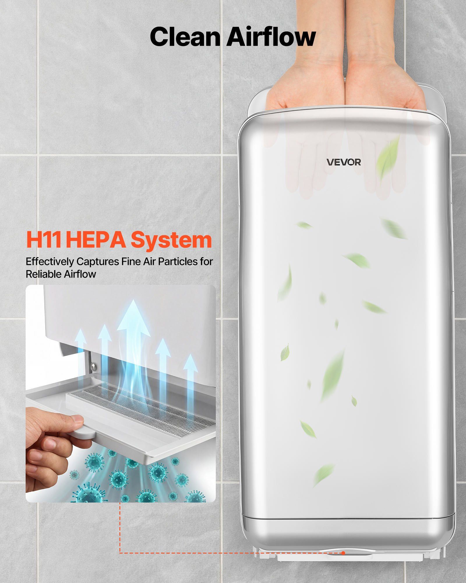 Vertical Hand Dryer, Hand Dryers with HEPA Filter, 19000 RPM High-Speed Motor, Dual-Side Airflow, ABS Sturdy Automatic Air Wall Mount Fast Drying for Commercial Bathrooms Modern Home, Silver - Image 3