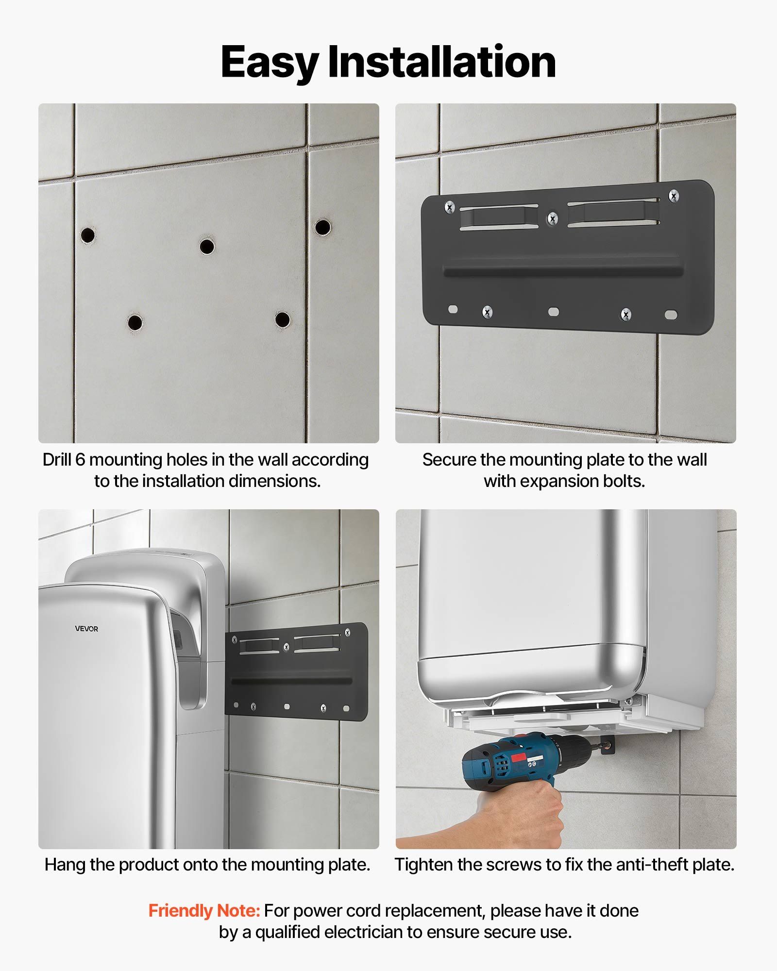 Vertical Hand Dryer, Hand Dryers with HEPA Filter, 19000 RPM High-Speed Motor, Dual-Side Airflow, ABS Sturdy Automatic Air Wall Mount Fast Drying for Commercial Bathrooms Modern Home, Silver - Image 7