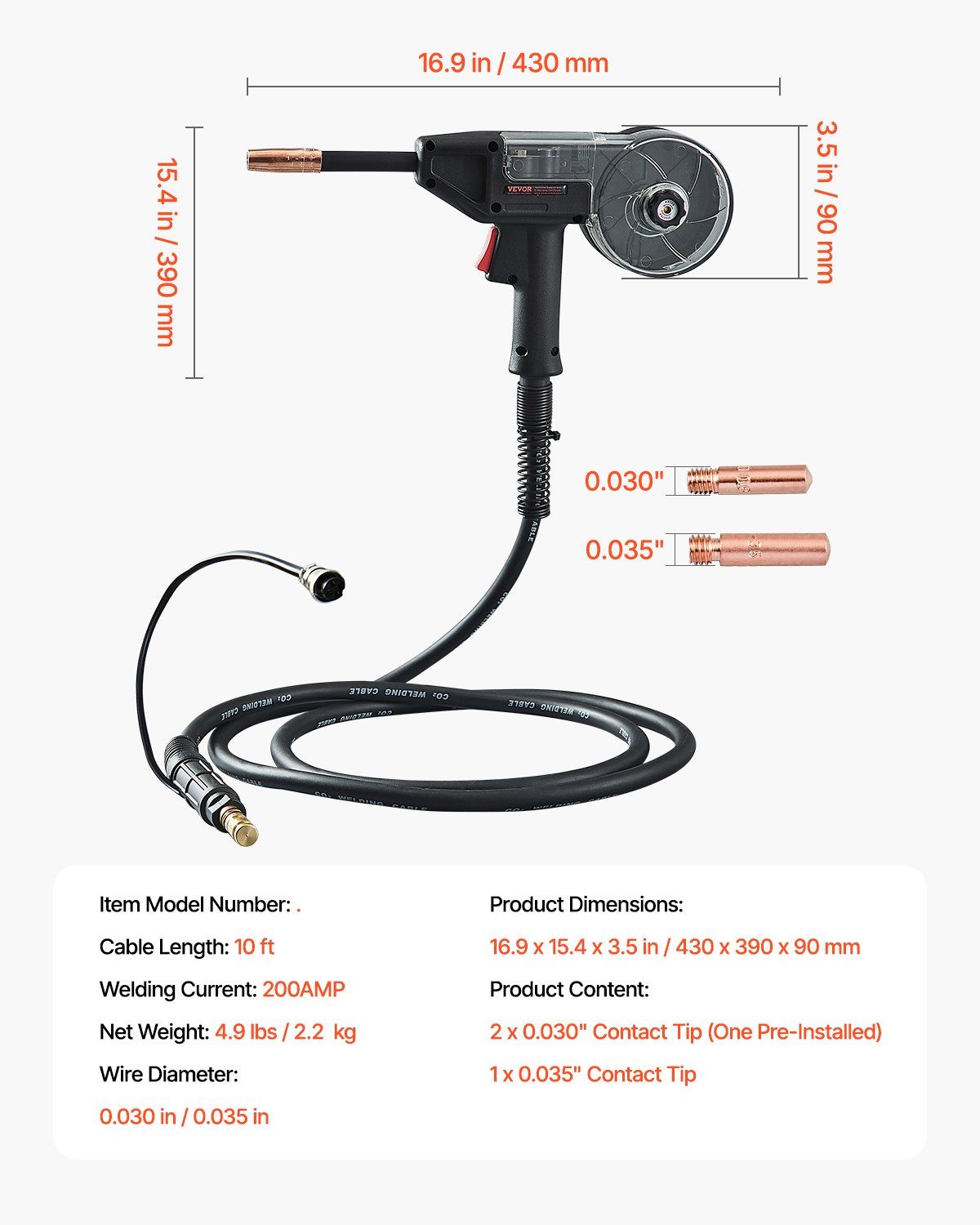 200Amp Spool Gun with 10FT Cable, Compatible with W Weldpro MlG200GDsv200 and MIG155GD Welders, Suitable for 0.030