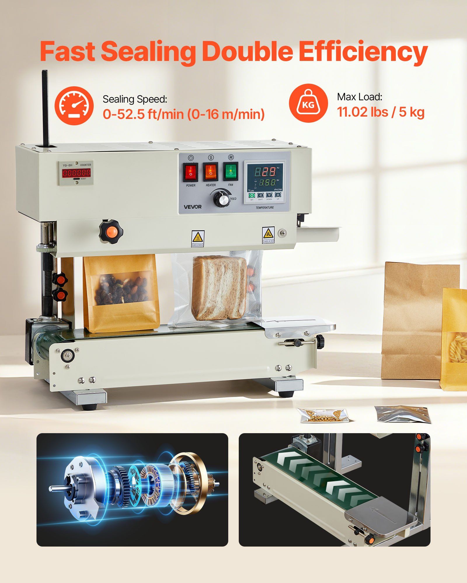 Continuous Bag Band Sealing Machine, 6-12 mm Seal Width, Vertical Band Sealer Machine with Roller Printing , Temp & Speed Adjustable, Commercial Heat Sealer Machine for 0.03-0.8 mm Plastic Bags - Image 2