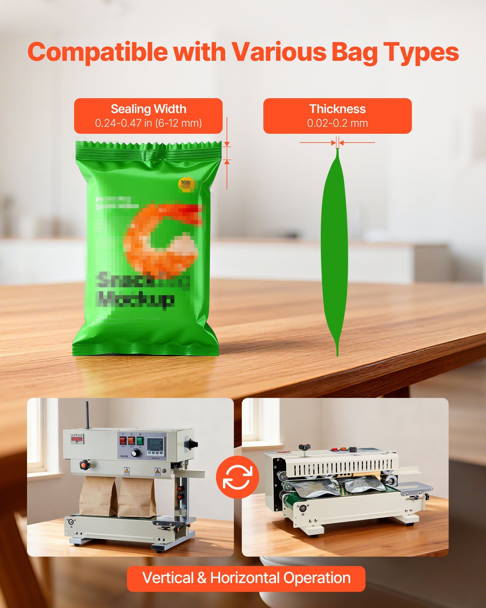 Continuous Bag Band Sealing Machine, 6-12 mm Seal Width, Vertical Band Sealer Machine with Roller Printing , Temp & Speed Adjustable, Commercial Heat Sealer Machine for 0.03-0.8 mm Plastic Bags - Image 4