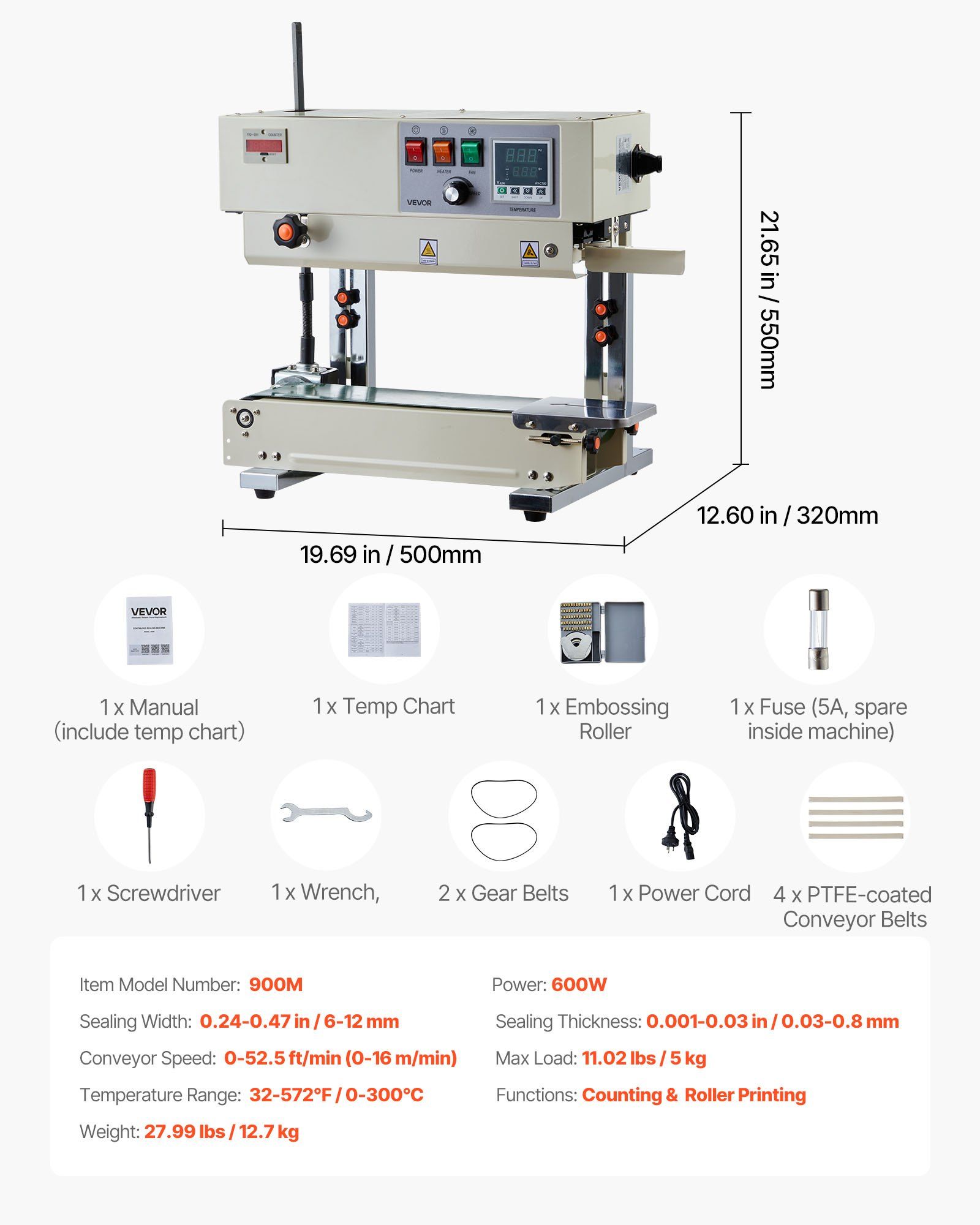 Continuous Bag Band Sealing Machine, 6-12 mm Seal Width, Vertical Band Sealer Machine with Roller Printing , Temp & Speed Adjustable, Commercial Heat Sealer Machine for 0.03-0.8 mm Plastic Bags - Image 7