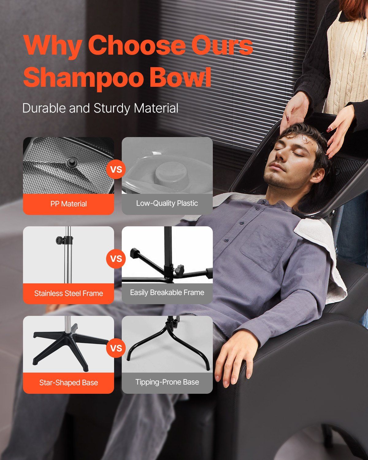 Portable Shampoo Bowl, Shampoo Sink with Adjustable Height & Angle, Salon Hair Wash Sink with Drain Hose and Star-Shaped Support Base for Barbershop Beauty Spa Center Home Use - Image 2