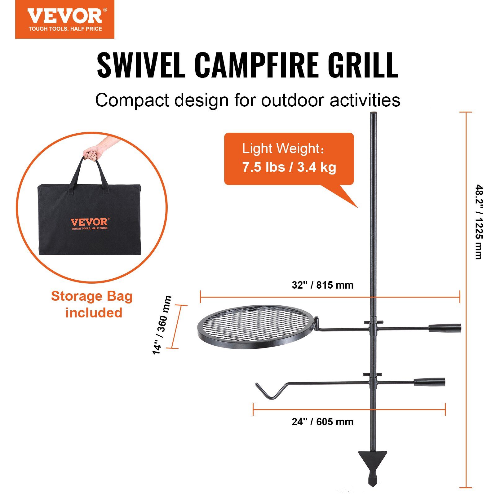 Swivel Campfire Grill Heavy Duty Steel Open Fire Cooking Grate Adjustable - Image 2