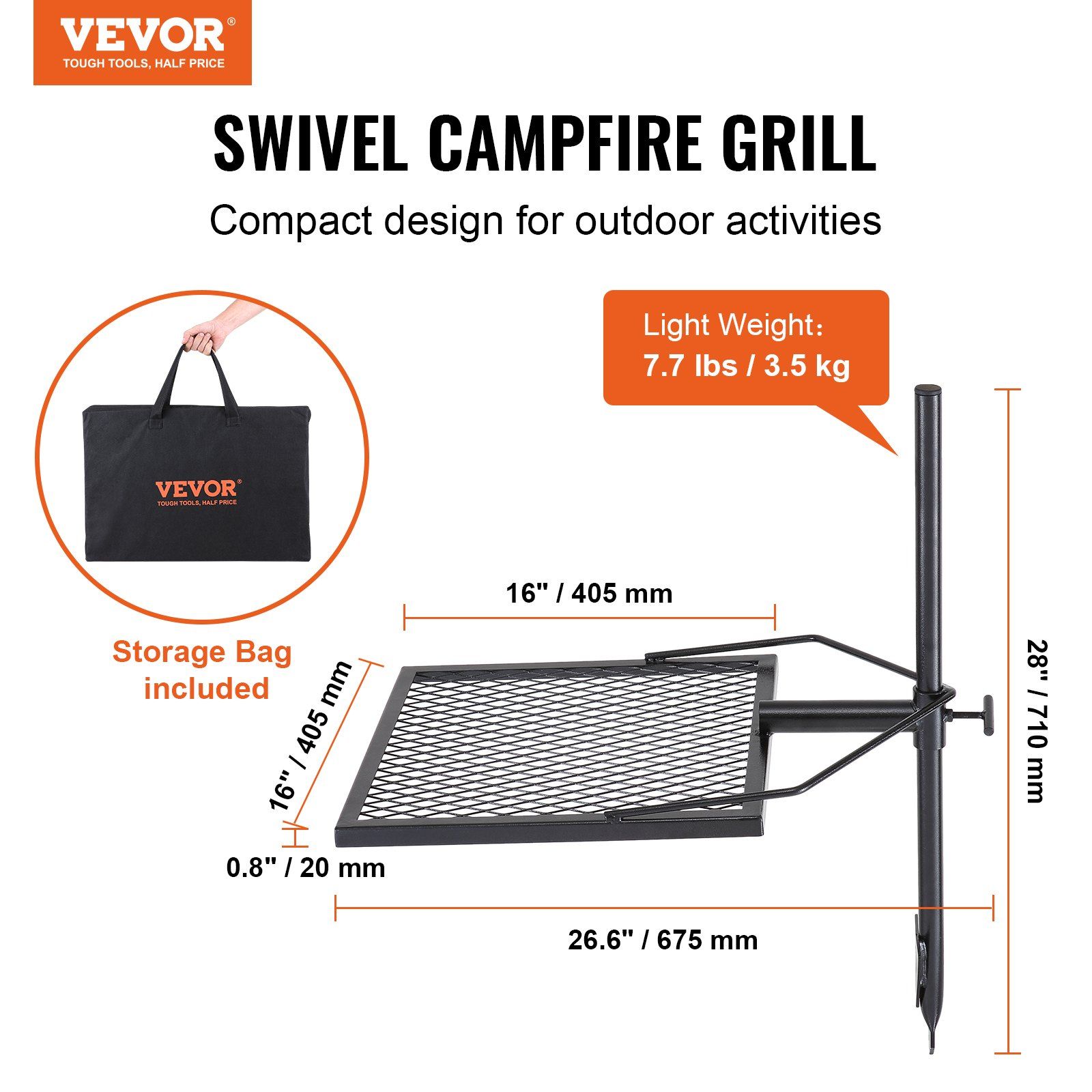 Swivel Campfire Grill, Fire Pit Grill Grate over Fire Pits, Heavy Duty Steel Grill Grates, 360° Adjustable Open Fire Outdoor Cooking Equipment, Portable Camp Fire Racks for Camping Outdoor BBQ - Image 2