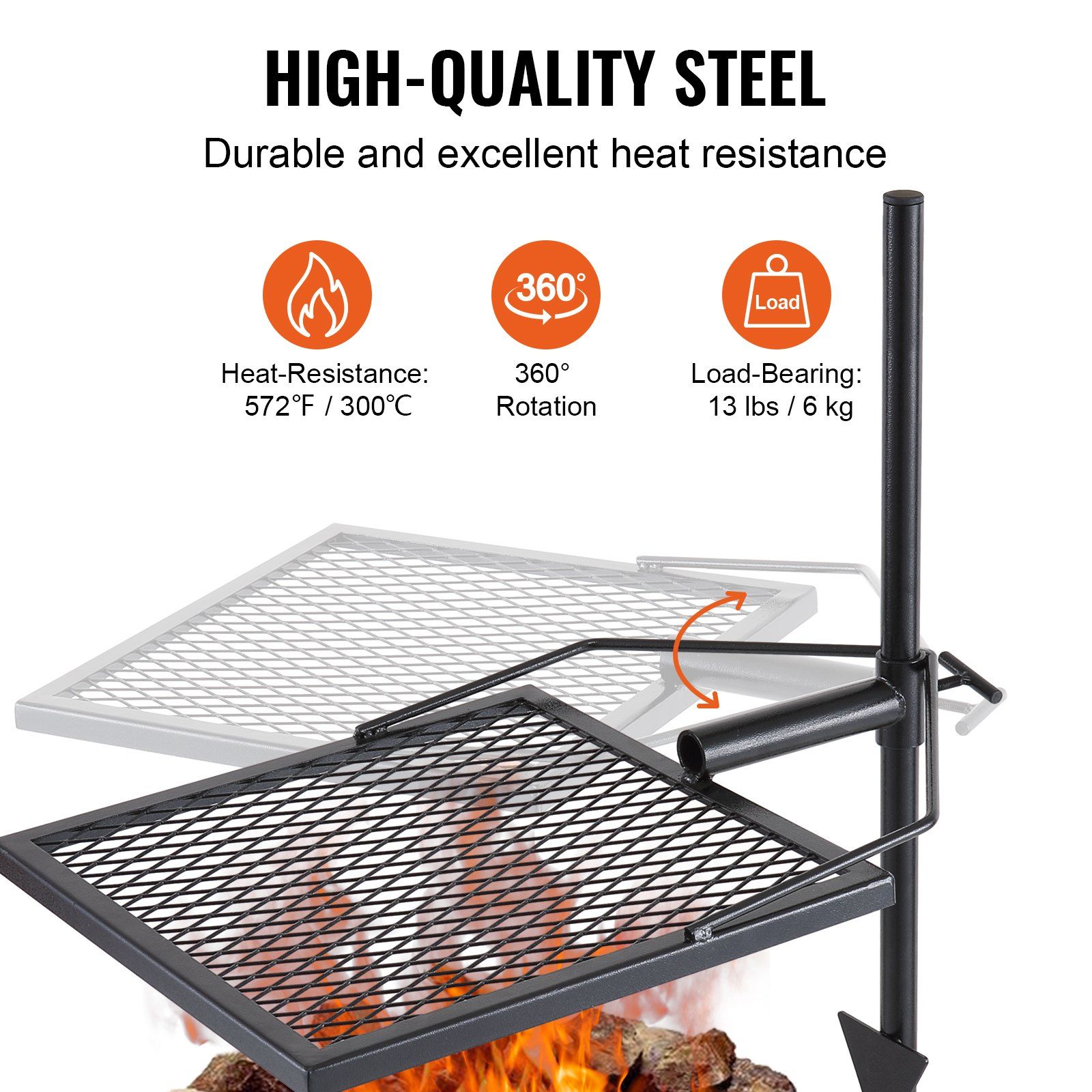 Swivel Campfire Grill, Fire Pit Grill Grate over Fire Pits, Heavy Duty Steel Grill Grates, 360° Adjustable Open Fire Outdoor Cooking Equipment, Portable Camp Fire Racks for Camping Outdoor BBQ - Image 3