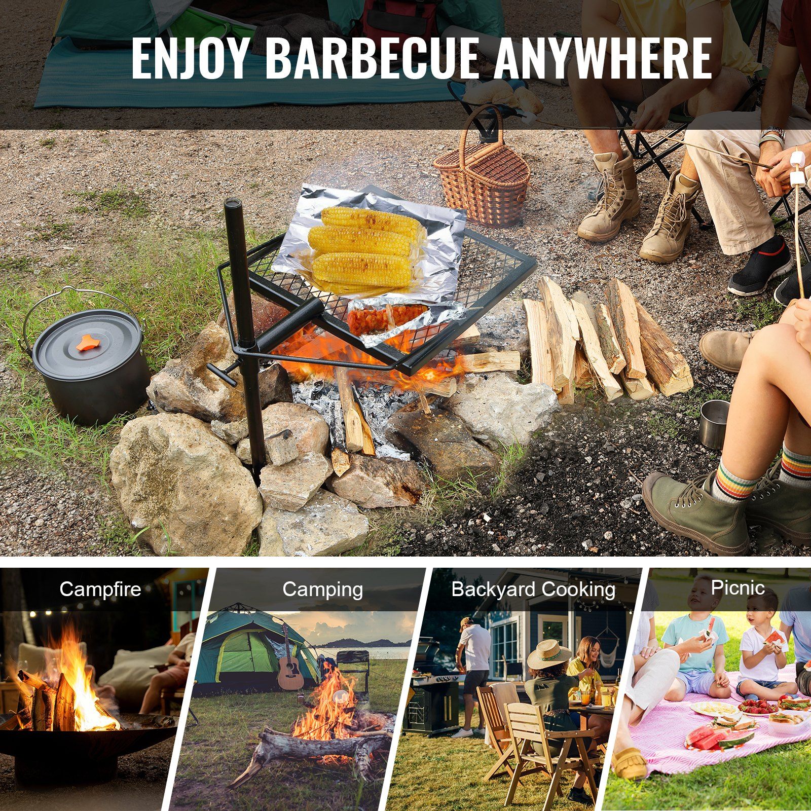 Swivel Campfire Grill, Fire Pit Grill Grate over Fire Pits, Heavy Duty Steel Grill Grates, 360° Adjustable Open Fire Outdoor Cooking Equipment, Portable Camp Fire Racks for Camping Outdoor BBQ - Image 6