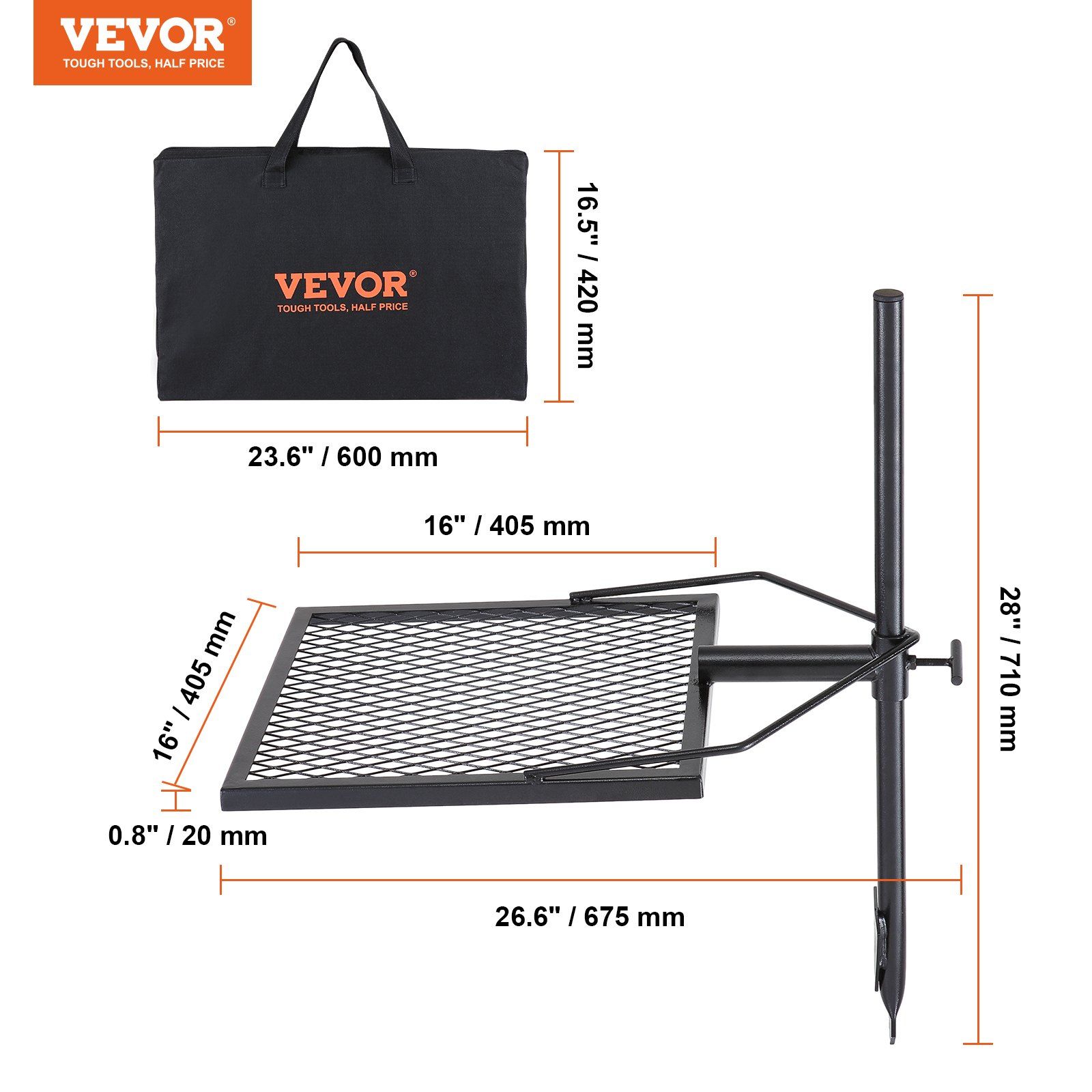Swivel Campfire Grill, Fire Pit Grill Grate over Fire Pits, Heavy Duty Steel Grill Grates, 360° Adjustable Open Fire Outdoor Cooking Equipment, Portable Camp Fire Racks for Camping Outdoor BBQ - Image 7