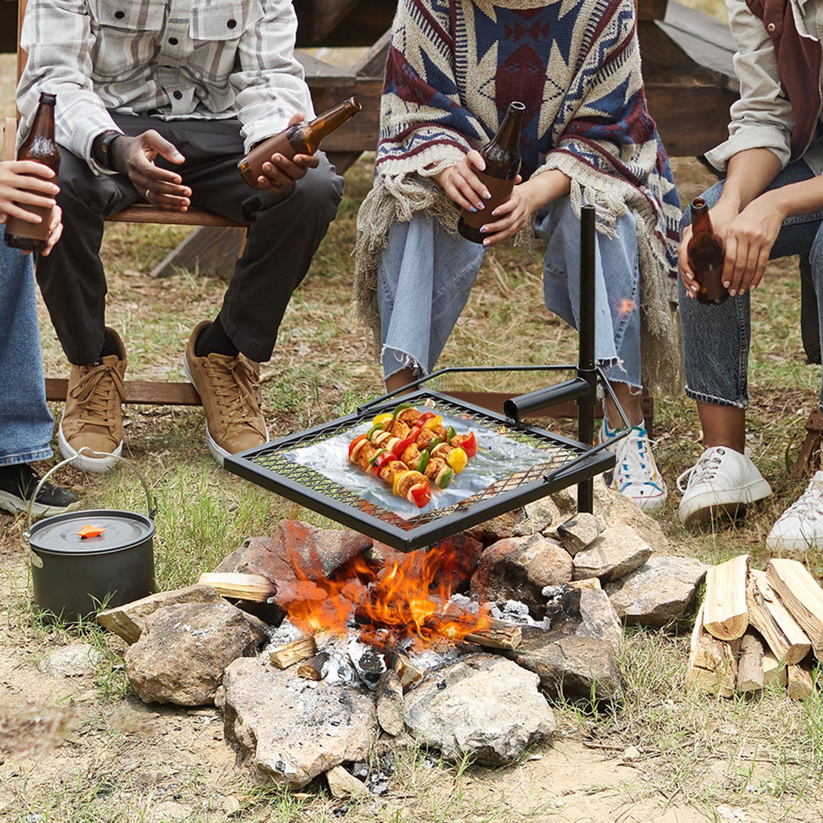 Swivel Campfire Grill, Fire Pit Grill Grate over Fire Pits, Heavy Duty Steel Grill Grates, 360° Adjustable Open Fire Outdoor Cooking Equipment, Portable Camp Fire Racks for Camping Outdoor BBQ - Image 8