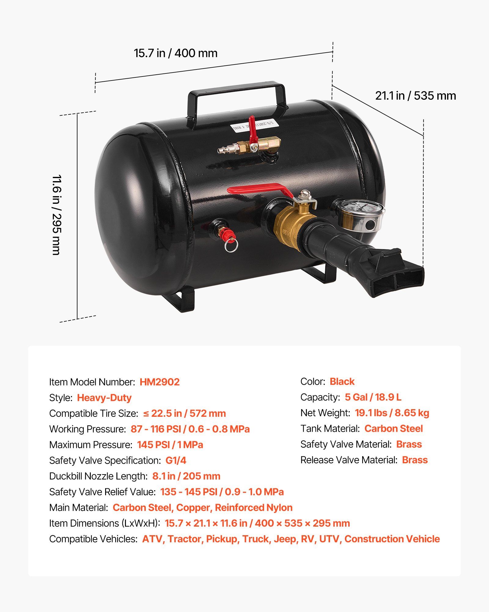 Air Tire Bead Seater, 5 Gal / 18.9 L, Heavy Duty Tire Bead Blaster Tool, 87-116 PSI Operating Pressure, Air Trigger Seating Inflator for Pickup, Truck, ATV, Jeep, Van, Lawn Tractor, RV, Black - Image 7
