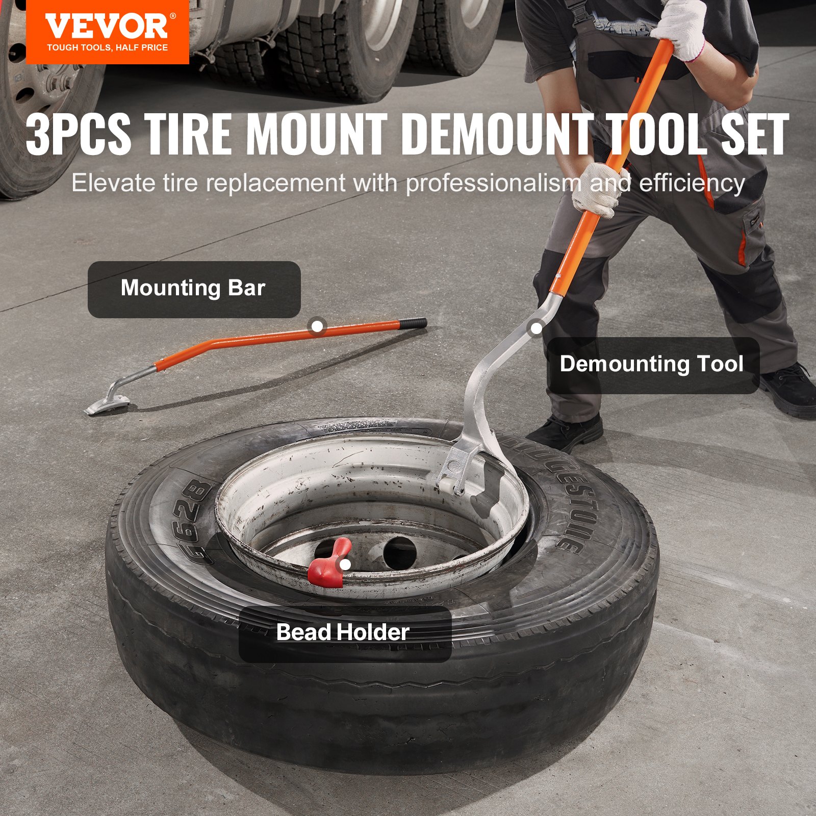 Tire Mount Demount Tool, 571-622 mm Manual Steel Tire Changer Mount Demount Removal Tool, with Extra Bead Holder, Tubeless Truck Bead Breaker, 3 PCS Tire Changing Tools, Orange - Image 2