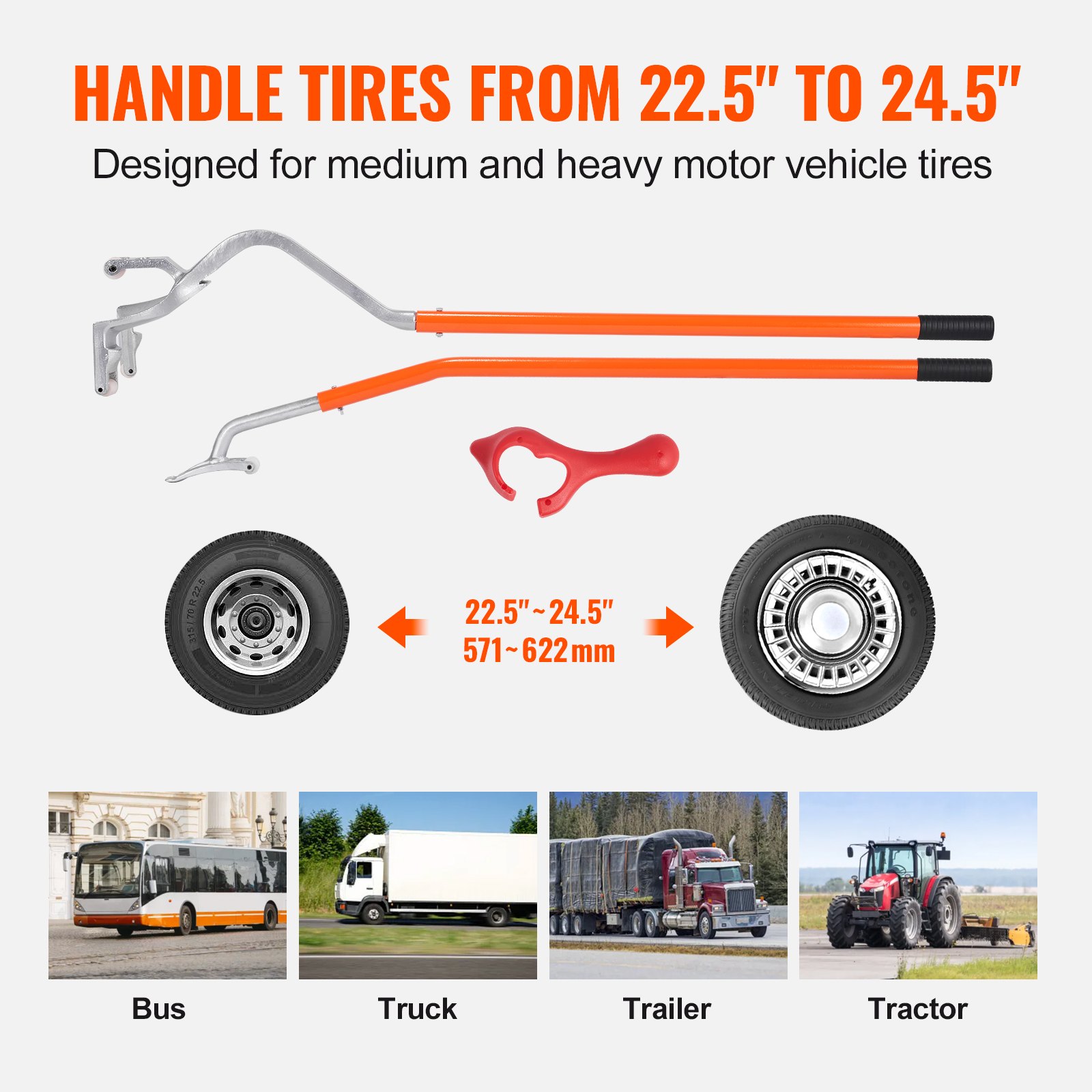 Tire Mount Demount Tool, 571-622 mm Manual Steel Tire Changer Mount Demount Removal Tool, with Extra Bead Holder, Tubeless Truck Bead Breaker, 3 PCS Tire Changing Tools, Orange - Image 3