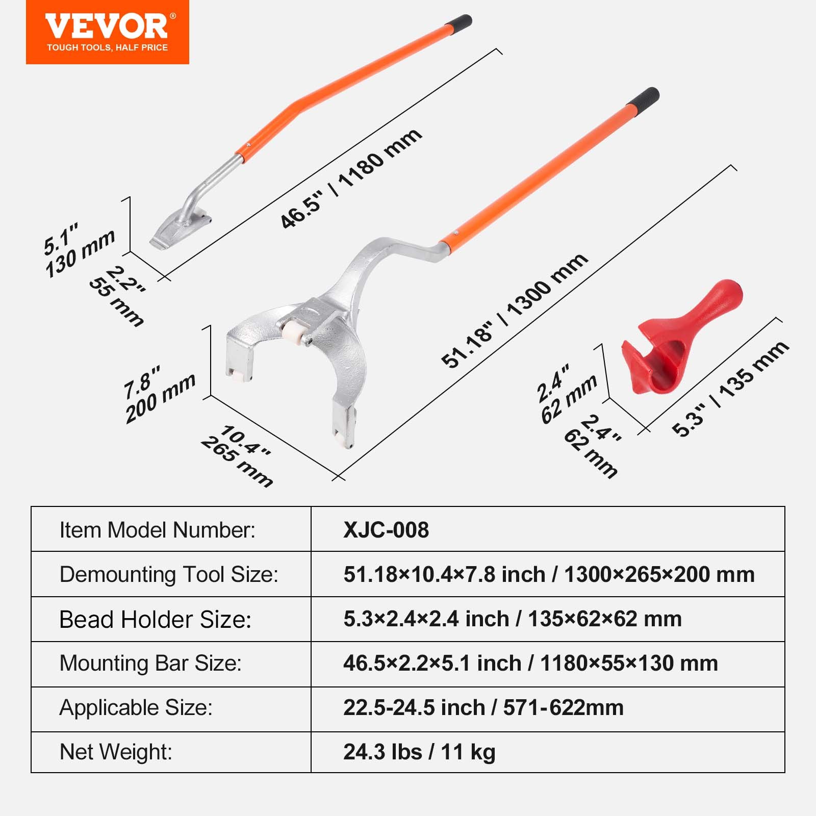 Tire Mount Demount Tool, 571-622 mm Manual Steel Tire Changer Mount Demount Removal Tool, with Extra Bead Holder, Tubeless Truck Bead Breaker, 3 PCS Tire Changing Tools, Orange - Image 7