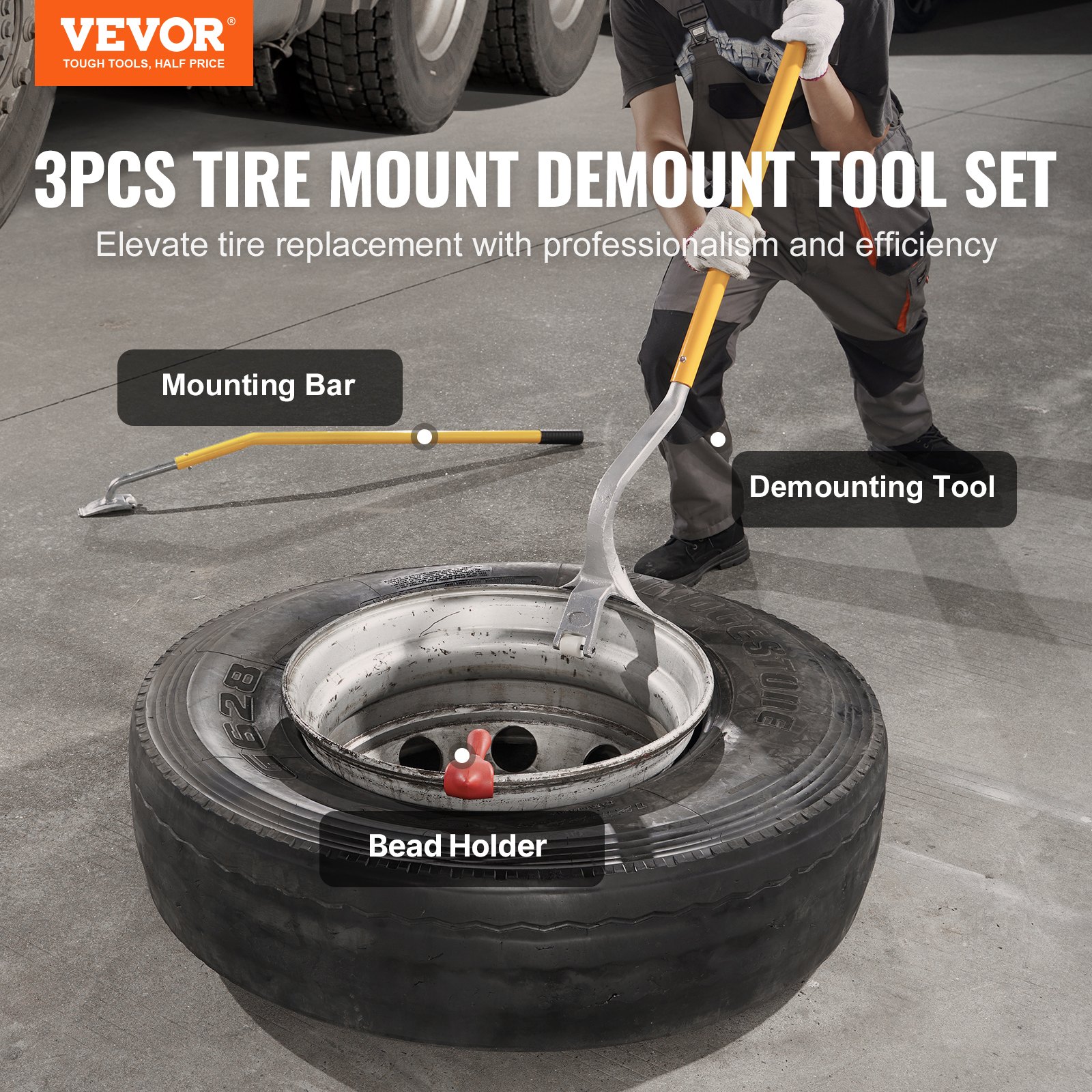 Tire Mount Demount Tool, 571- 622 mm Manual Steel Tire Changer Mount Demount Removal Tool, with Extra Bead Holder, Tubeless Truck Bead Breaker, 3 PCS Tire Changing Tools, Orange - Image 2
