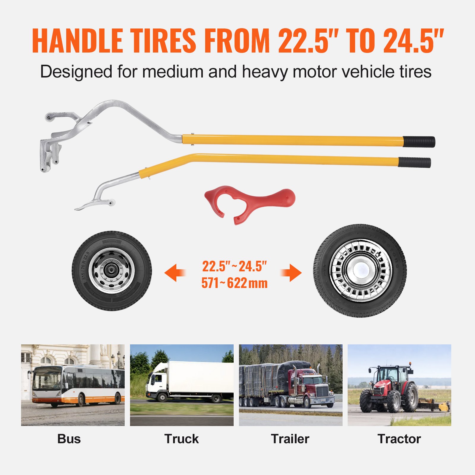 Tire Mount Demount Tool, 571- 622 mm Manual Steel Tire Changer Mount Demount Removal Tool, with Extra Bead Holder, Tubeless Truck Bead Breaker, 3 PCS Tire Changing Tools, Orange - Image 3