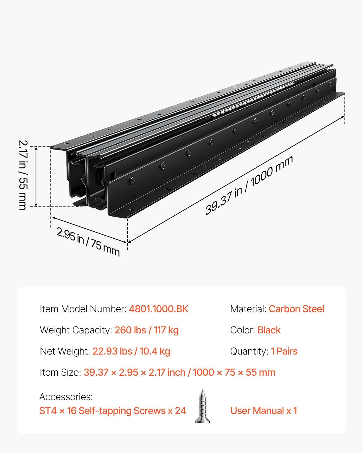 Undermount Drawer Slides, 40 inch, Full Extension Ball Bearing Under Stair Cabinet Rails, 260 LB Load Capacity Heavy Duty Bottom Stair Cabinet Glides Track Runners,for DIY Replacement, Black - Image 7