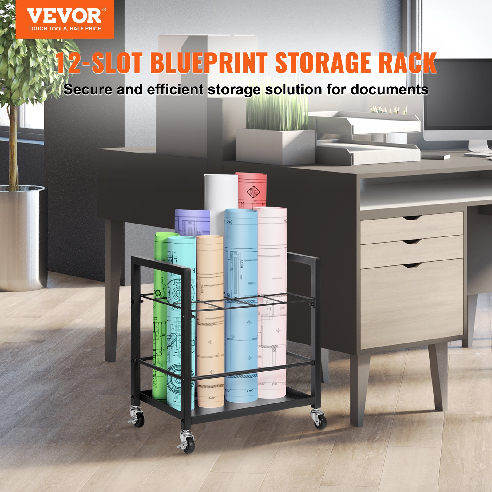 Blueprint Storage Rack, 12 Slots Blueprint Holder with Wheels, Mobile Metal Blueprint Storage Cart for Map Poster Architectural Construction Plan, Roll File Organizer for Home, Office, School - Image 2
