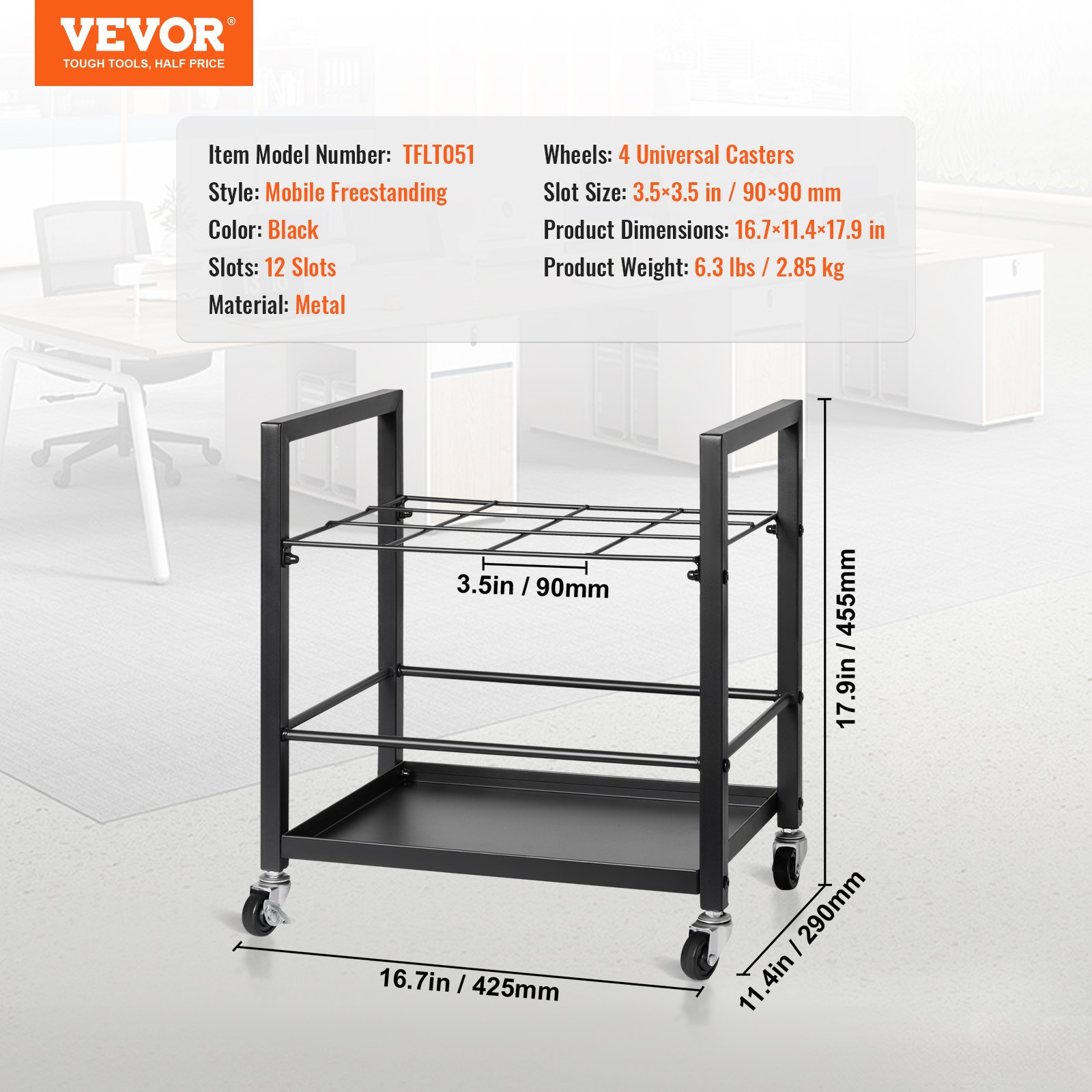Blueprint Storage Rack, 12 Slots Blueprint Holder with Wheels, Mobile Metal Blueprint Storage Cart for Map Poster Architectural Construction Plan, Roll File Organizer for Home, Office, School - Image 7