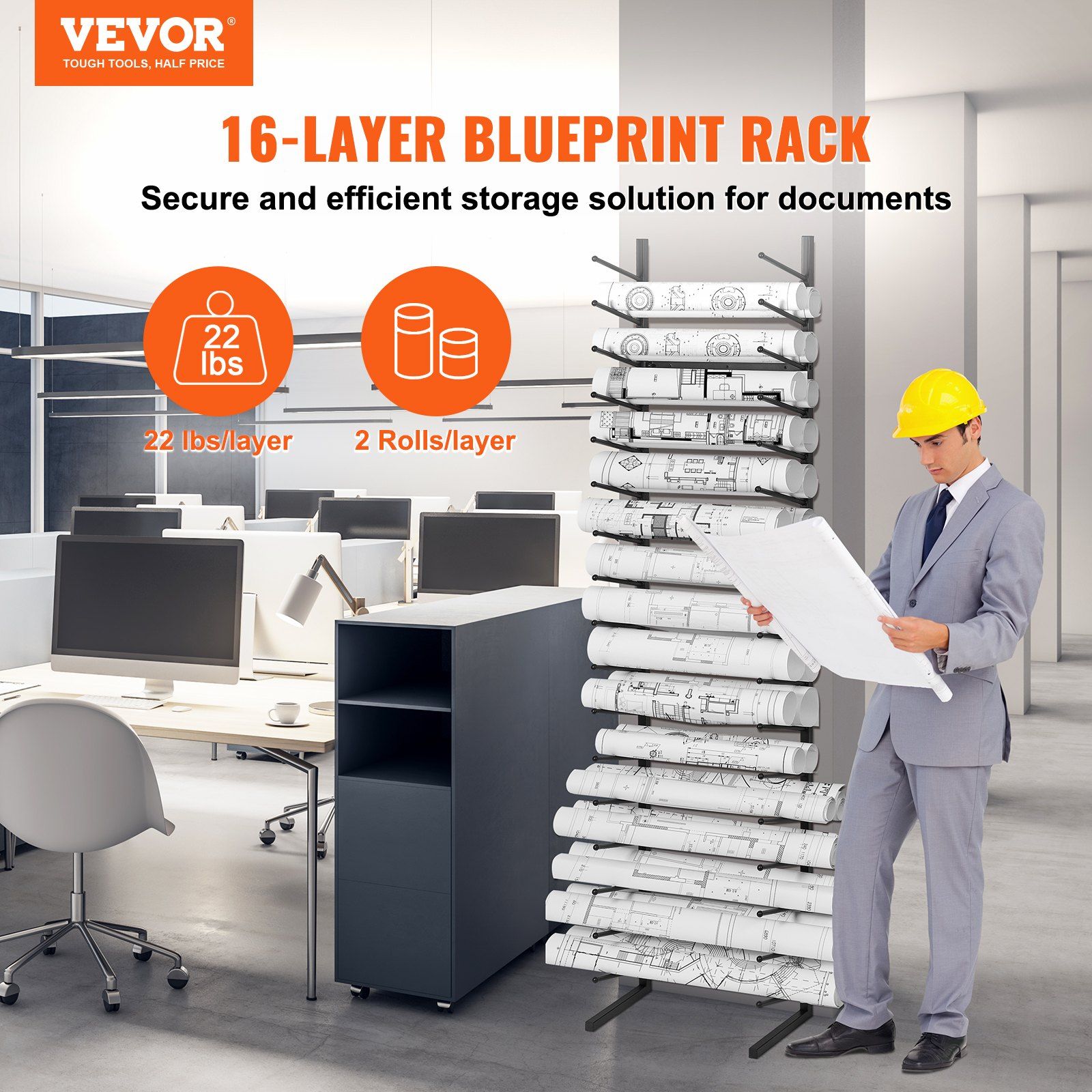Blueprint Storage Rack, Hanging Poster Display Rack 16-Tier, Vertical Blueprint Roll File Holder 2 Rolls/tire, Roll File Storage Rack for Blueprint Map Poster - Image 2