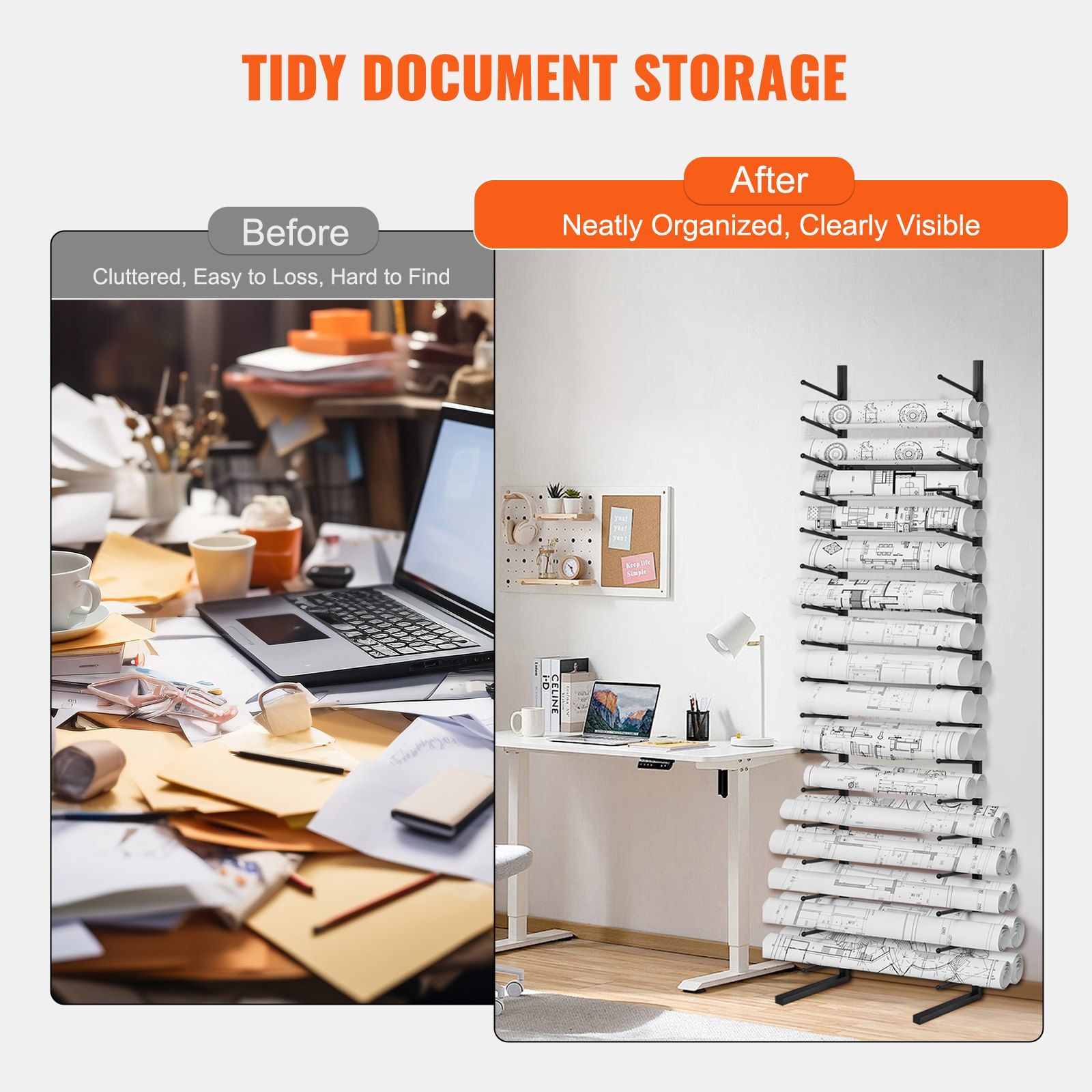 Blueprint Storage Rack, Hanging Poster Display Rack 16-Tier, Vertical Blueprint Roll File Holder 2 Rolls/tire, Roll File Storage Rack for Blueprint Map Poster - Image 5