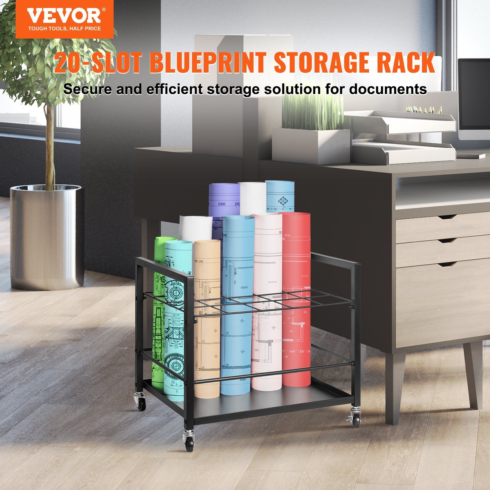 Blueprint Storage Rack, 20 Slots Blueprint Holder with Wheels, Mobile Metal Blueprint Storage Cart for Map Poster Architectural Construction Plan, Roll File Organizer for Home, Office, School - Image 2