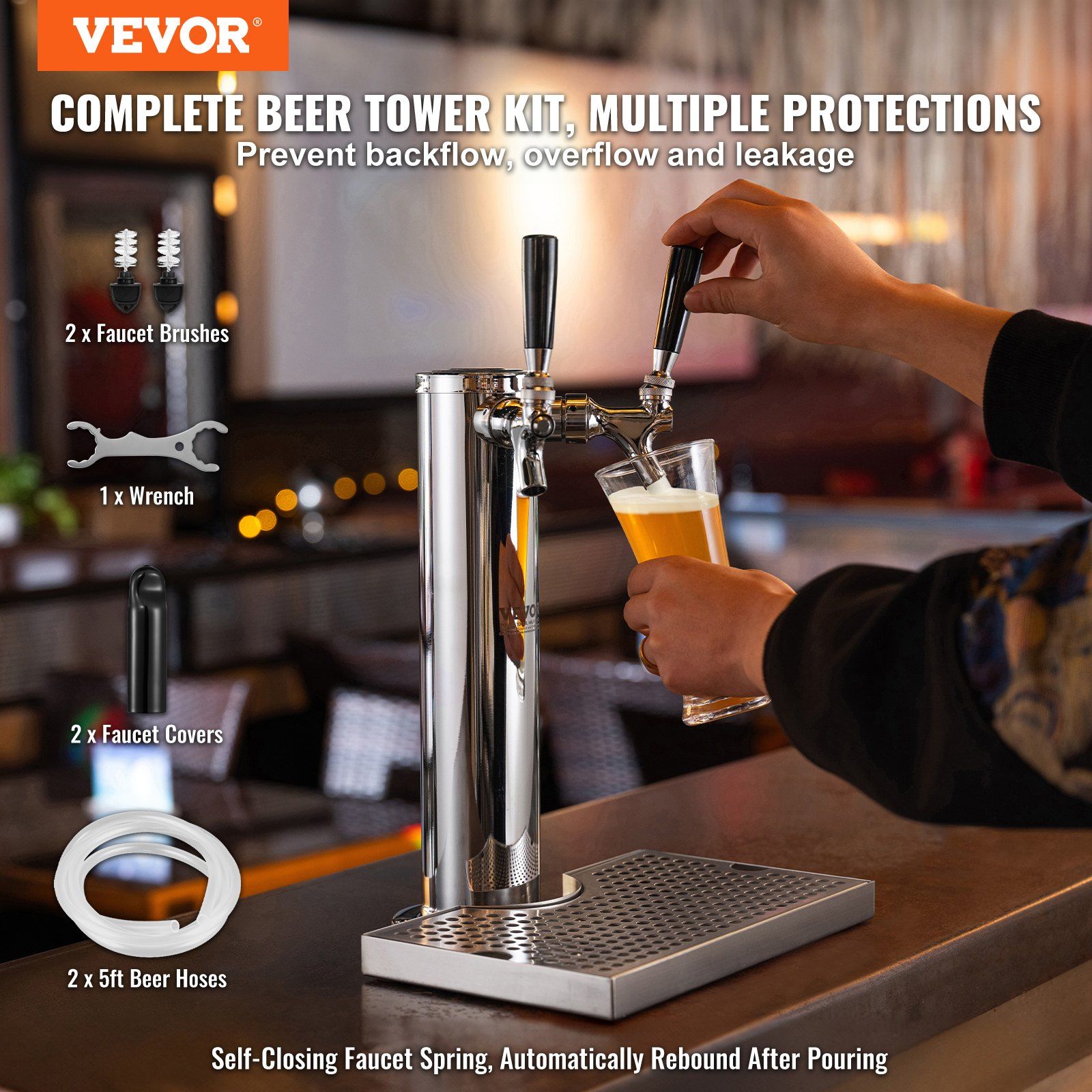 Dual Taps Draft Beer Tower Dispenser, Stainless Steel Keg Beer Tower, Kegerator Tower Kit with Pre-Assembled Tubing and Self-Closing Faucet Shanks for Party, Bar, Pub, Restaurant - Image 2